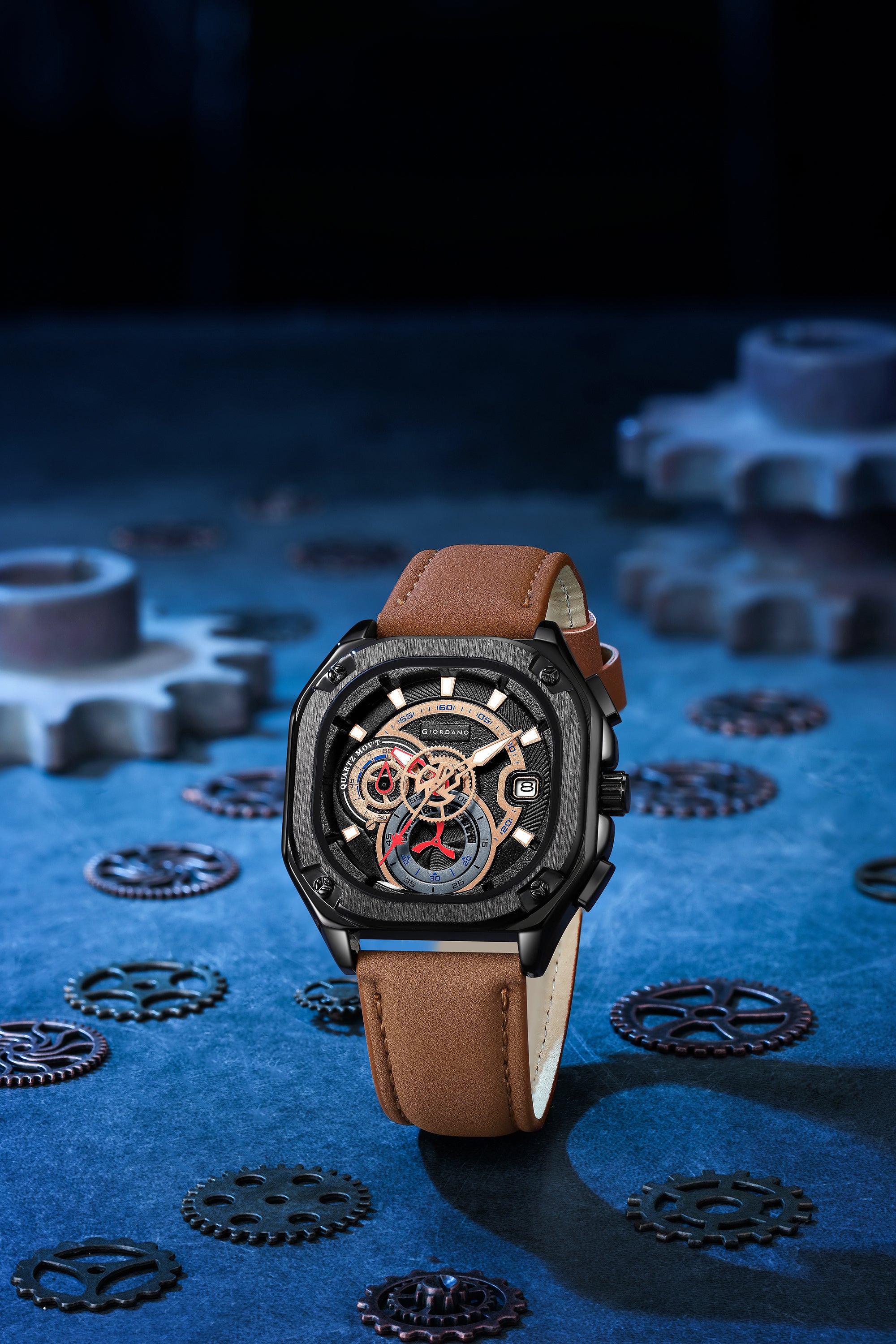 Giordano Analog Quartz Watch for Men – Multi-Dial Chronograph Style with Gear Dial Design, Octagon Case, Leather Strap & Date Display, Casual Sports Watch - GZ-50156-01