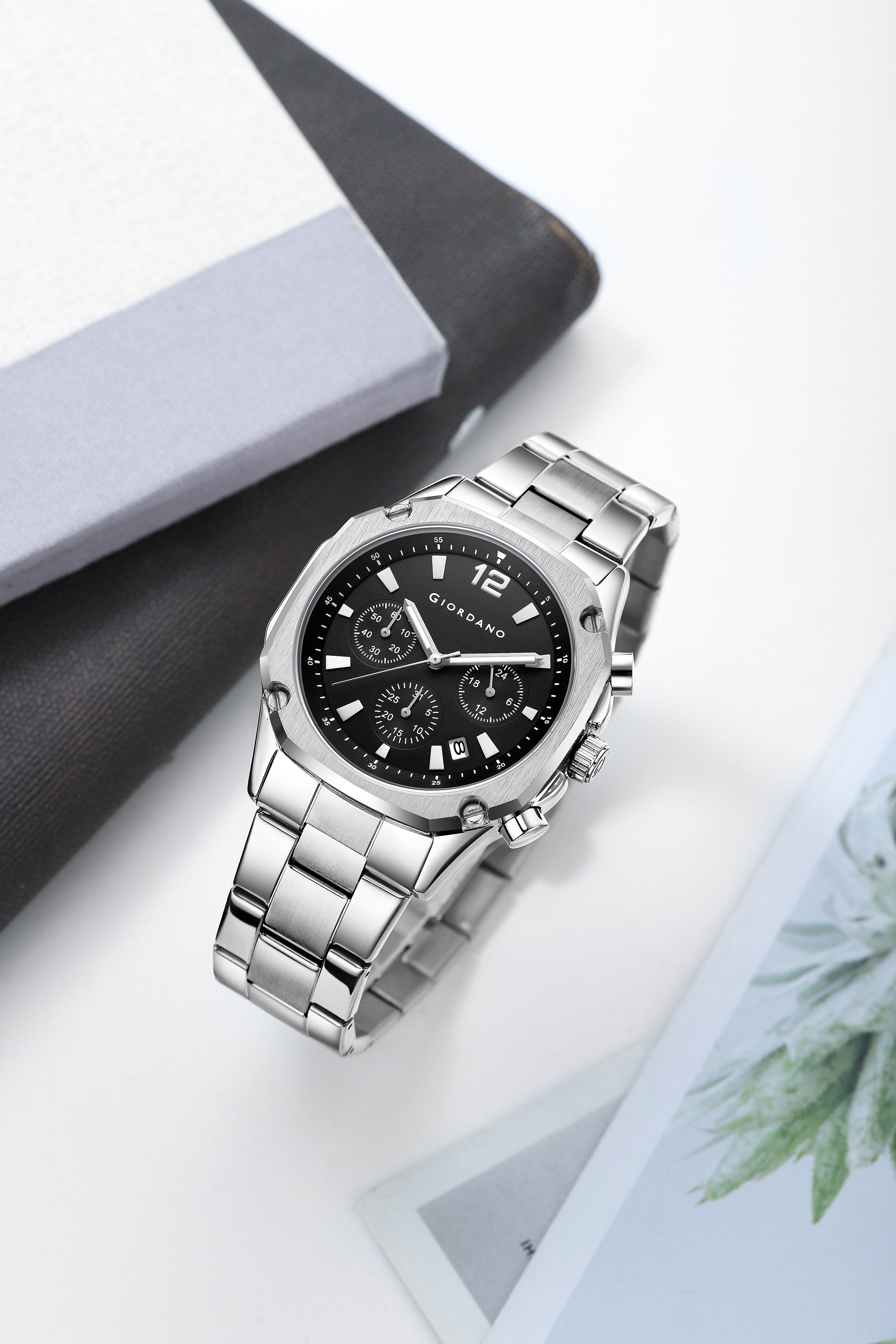 Giordano Analog Watch for Men with Chronograph Subdials, Round Black Dial Date Window, Quartz Movement Silver Stainless Steel Strap GZ-50203-44