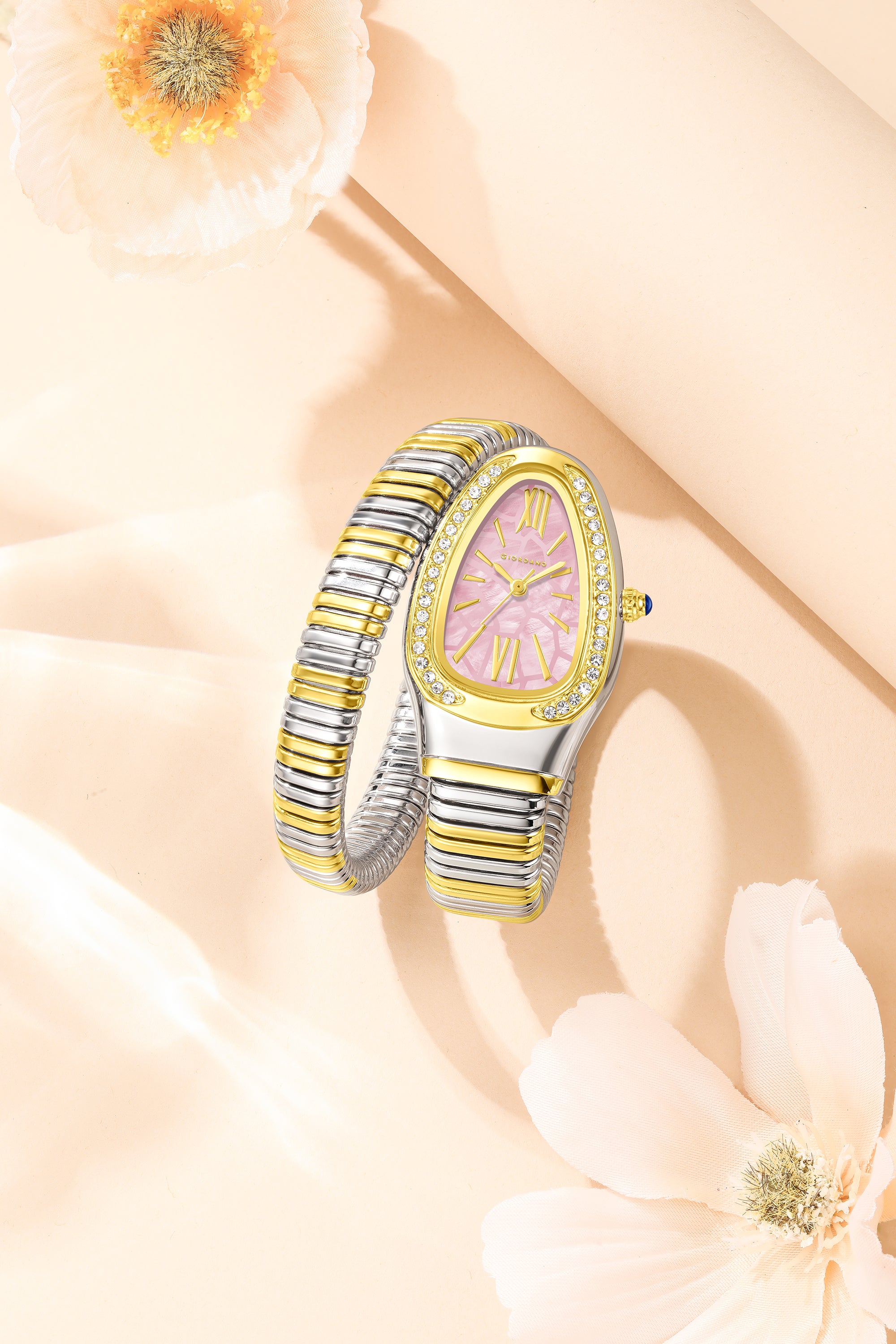 Giordano Serpentine Collection Analog Quartz Watch for Women with Pink Geometric-Textured Dial, Crystal-Studded Bezel, Roman Numerals & Snake-Style Wrap-Around Stainless Steel Strap - GZ-60189-66