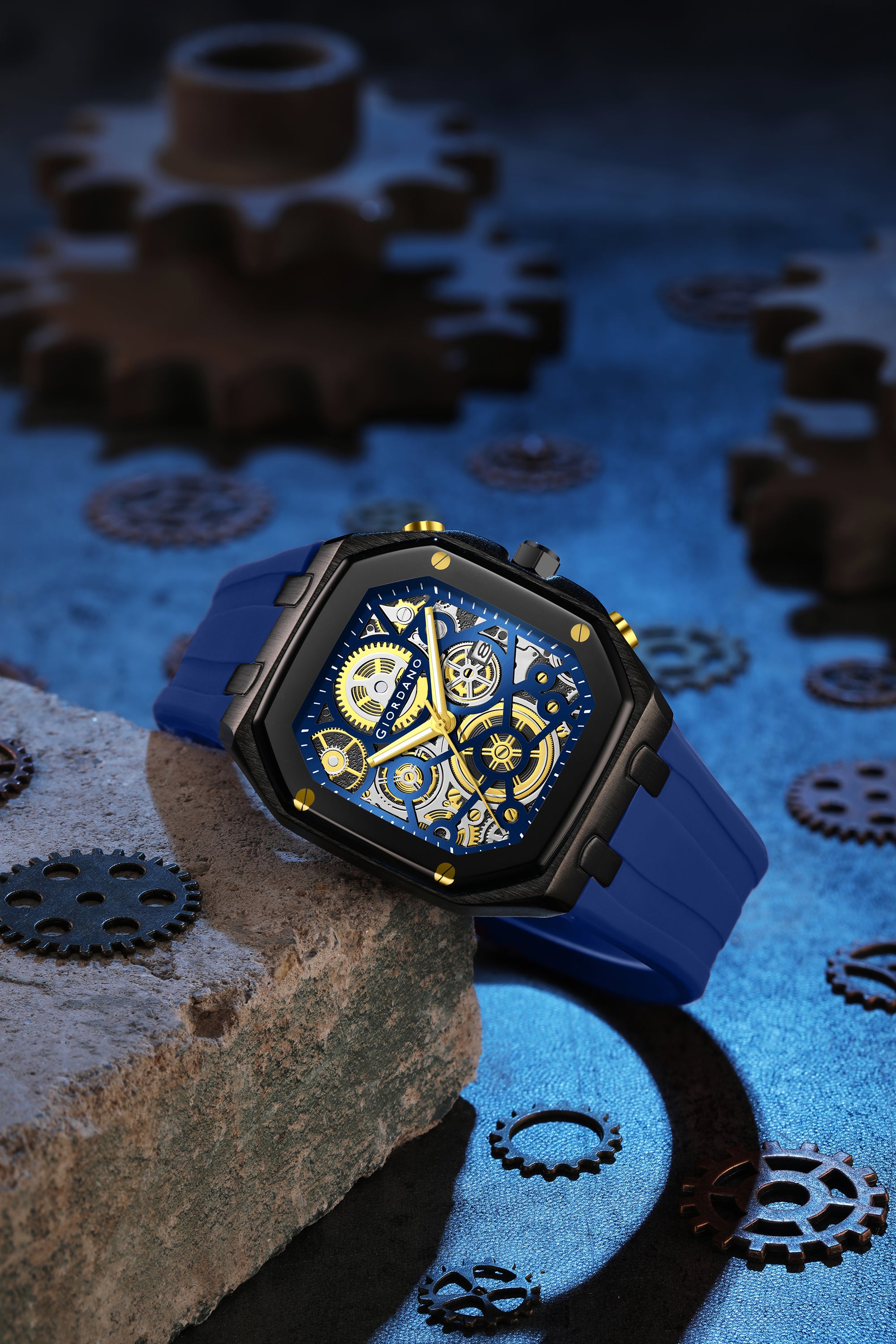 Giordano Skeleton Dial Analog Watch for Men – Black Tone Case, Blue Silicone Strap, Date Display & Transparent Mechanical Design GZ-50221-04