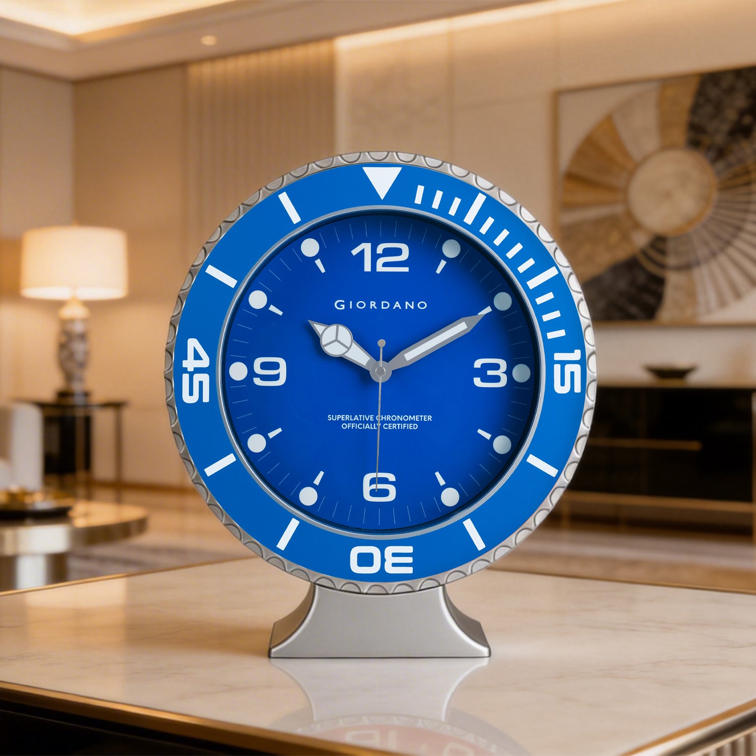 Giordano Wall Clock, Silent Sweep Non-Ticking Quartz Movement, Blue Dial, Blue Diver Style Bezel, Plastic Frame - GDCLTM2026BLU