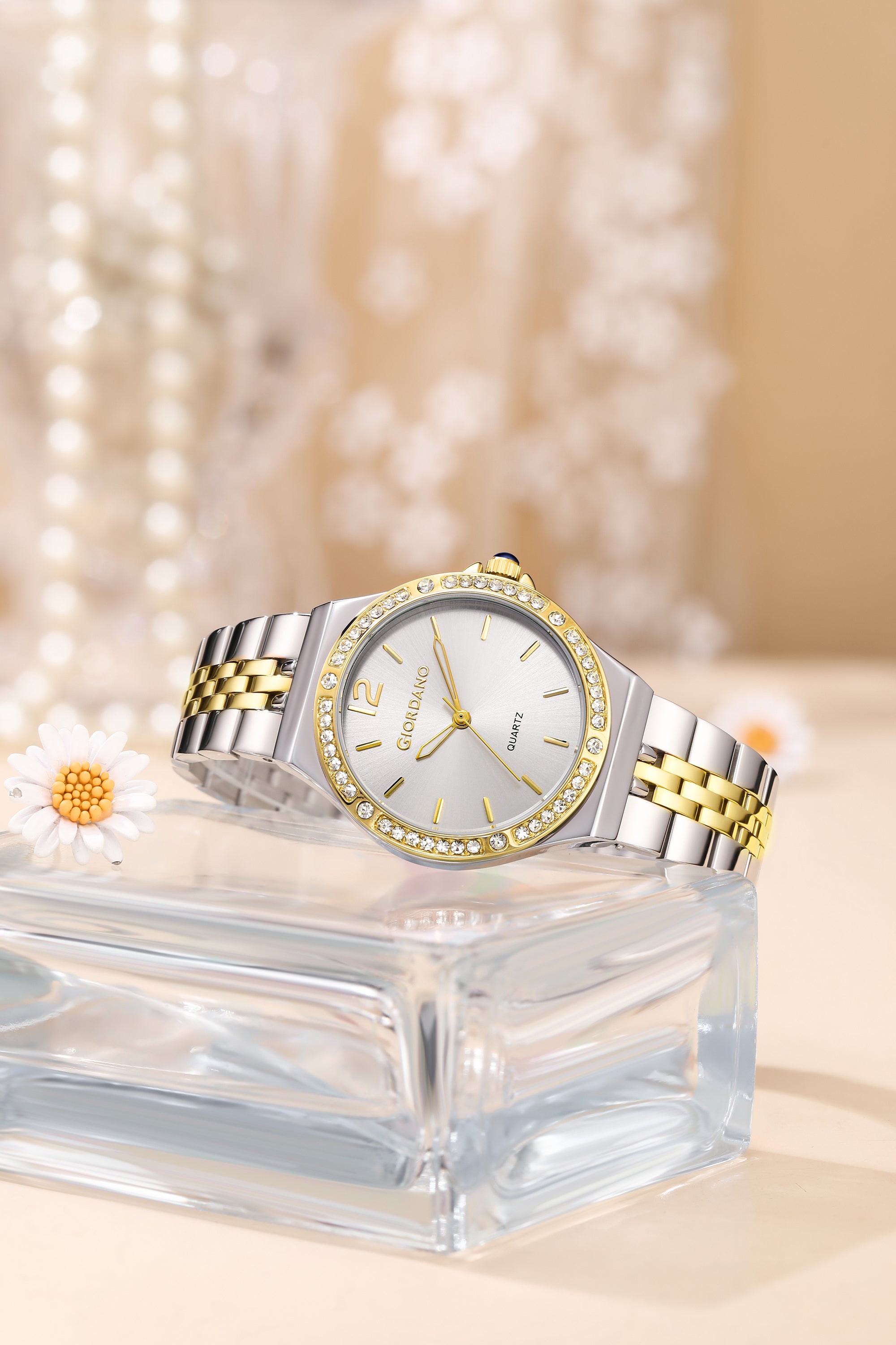 Giordano Analog Quartz Watch for Women with Round White Dial, Crystal Studded Bezel, Blue Crown, Luminous Hands, Silver and Gold Stainless Steel Strap - GZ-60159-66