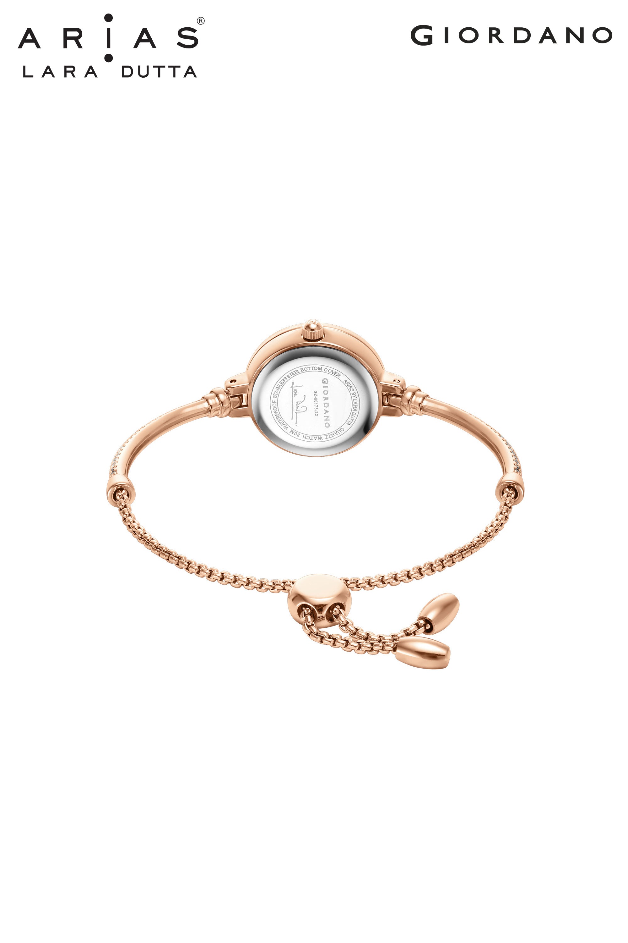 Giordano Arias by Lara Dutta Signature Collection Analog Quartz Watch for Women with Mother-of-Pearl Dial, Baguette-Cut Crystal Studded Bezel and Rose Gold Adjustable Chain Bracelet Strap GZ-60178-22
