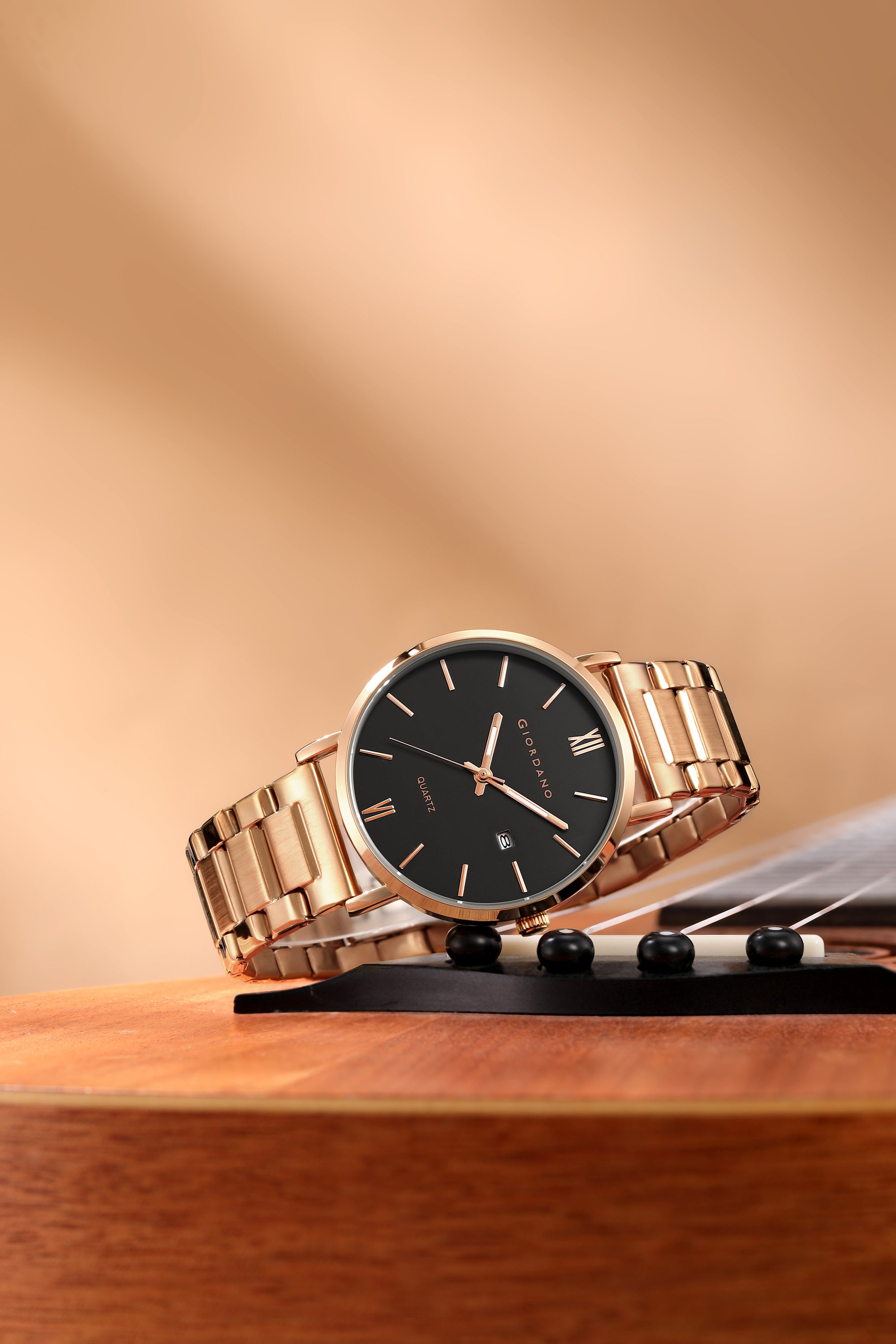 Giordano Analog Quartz Watch for Men with Round Black Dial, Roman Indices, Date Function, Luminous Hands, Rose Gold Stainless Steel Strap - GZ-50211-55