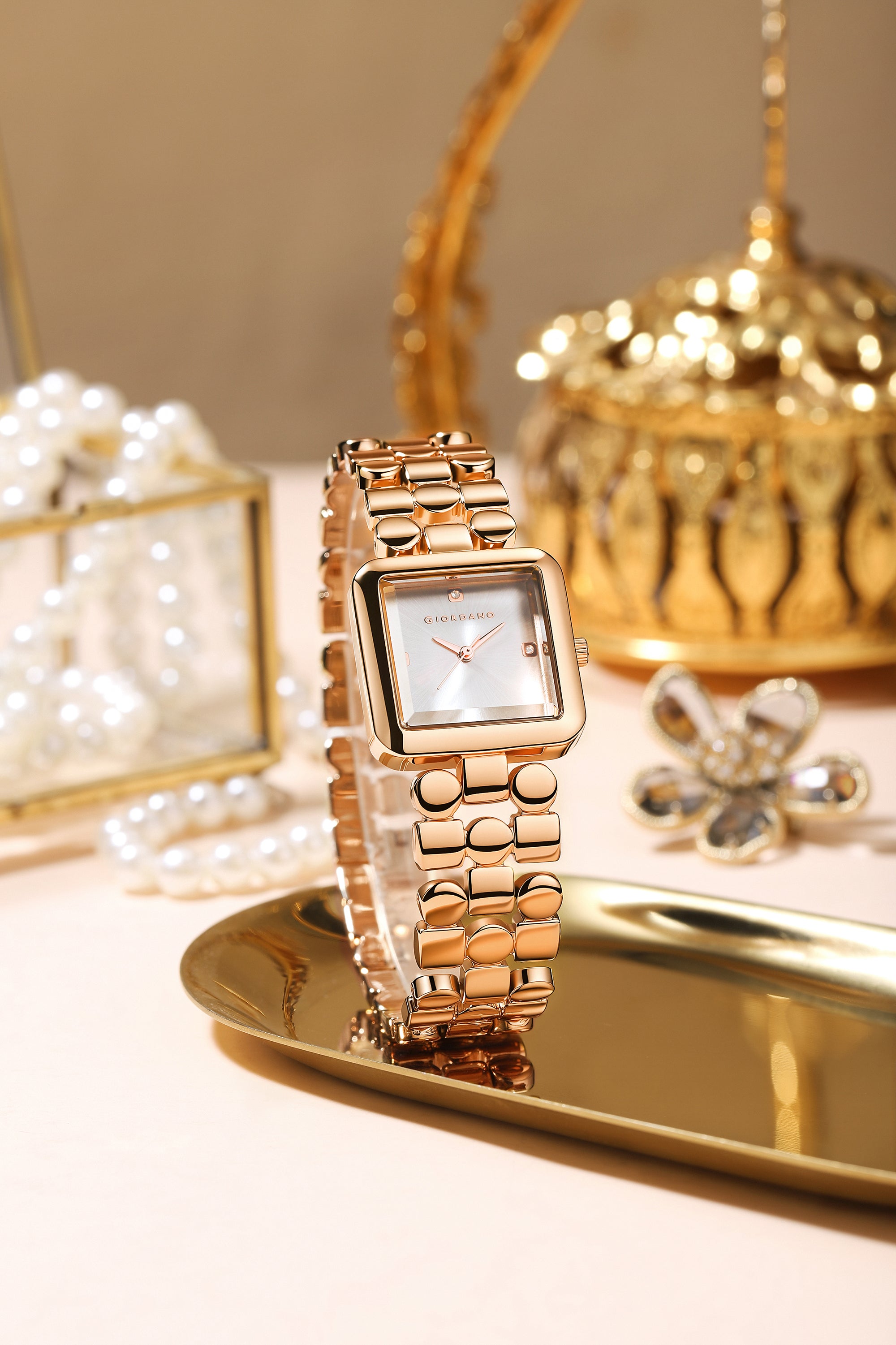 Giordano Square Analog Watch for Women with Gloss Glass Dial, Crystal Markers, Quartz Movement & Stainless Steel Strap - GZ-60134-11