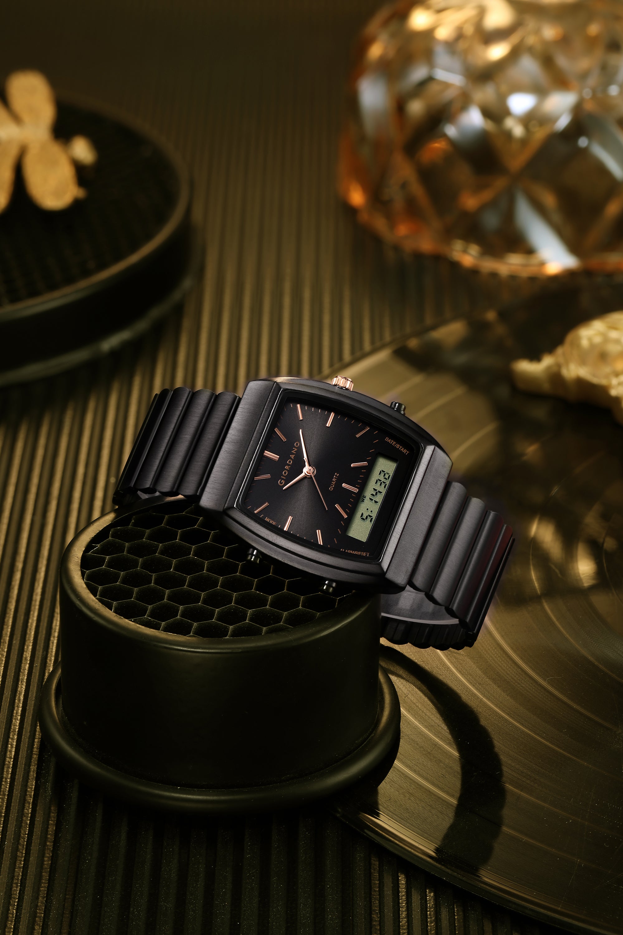 Giordano Analog Digital Watch for Men with Square Black Dial, Day Function, Black Stainless Steel Strap - GZ-50207-11