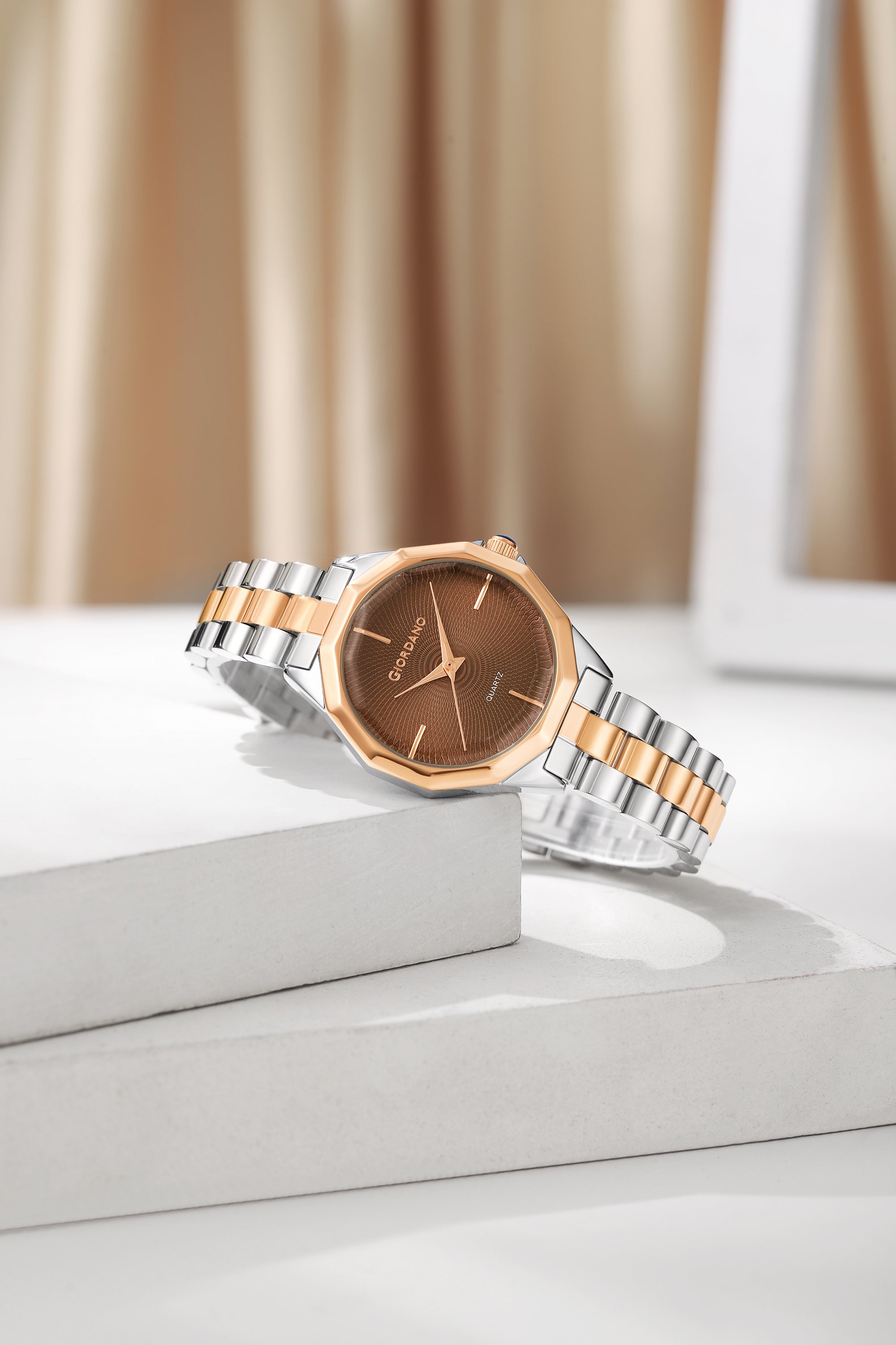 Giordano Analog Quartz Watch for Women with Textured Round Brown Dial, Square Case, Blue Crown, Silver and Rose Gold Stainless Steel Strap - GZ-60158-11