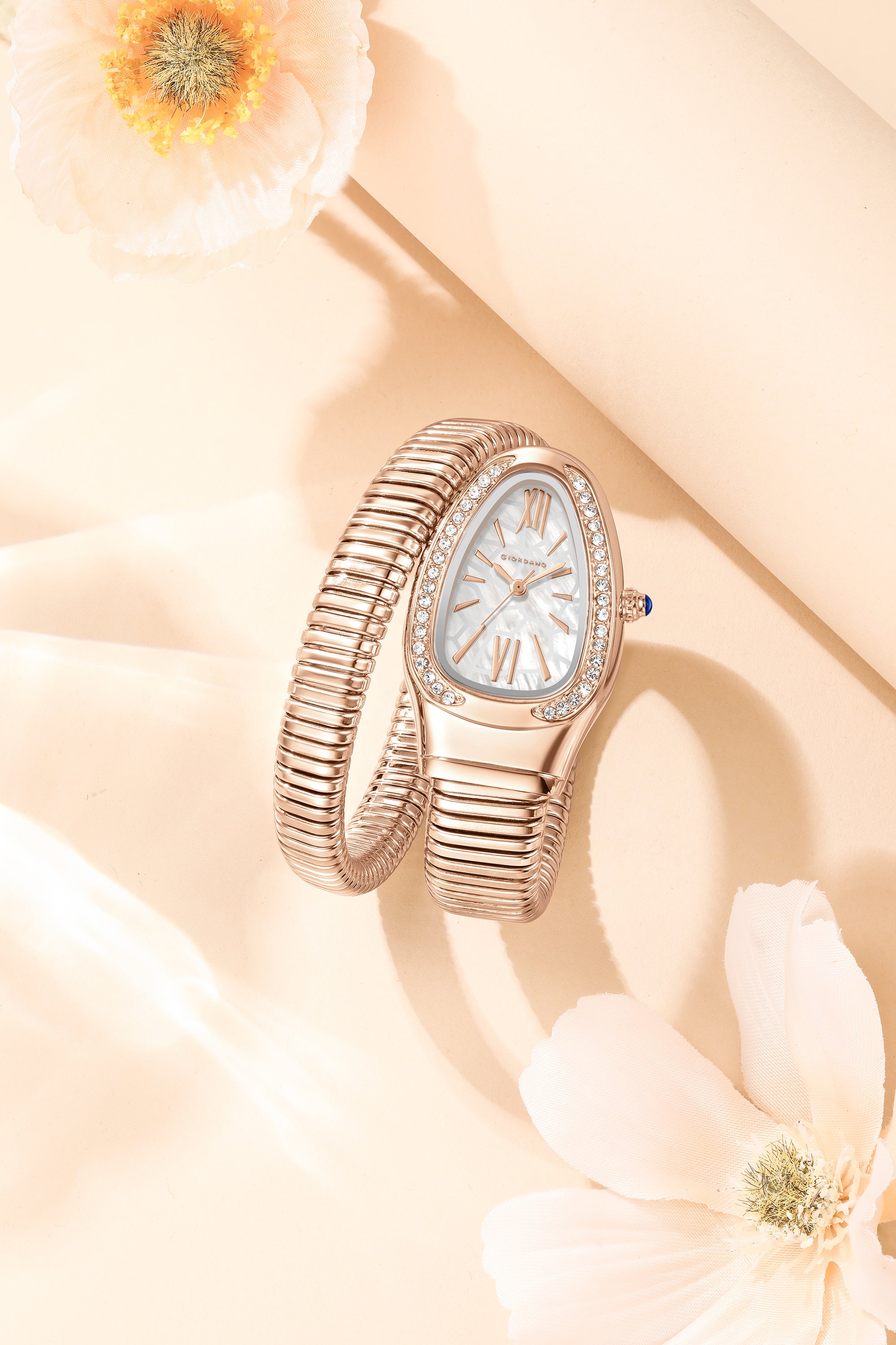 Giordano Serpentine Collection Analog Quartz Watch for Women with White Geometric-Textured Dial, Crystal-Studded Bezel, Roman Numerals & Snake-Style Wrap-Around Stainless Steel Strap - GZ-60189-11
