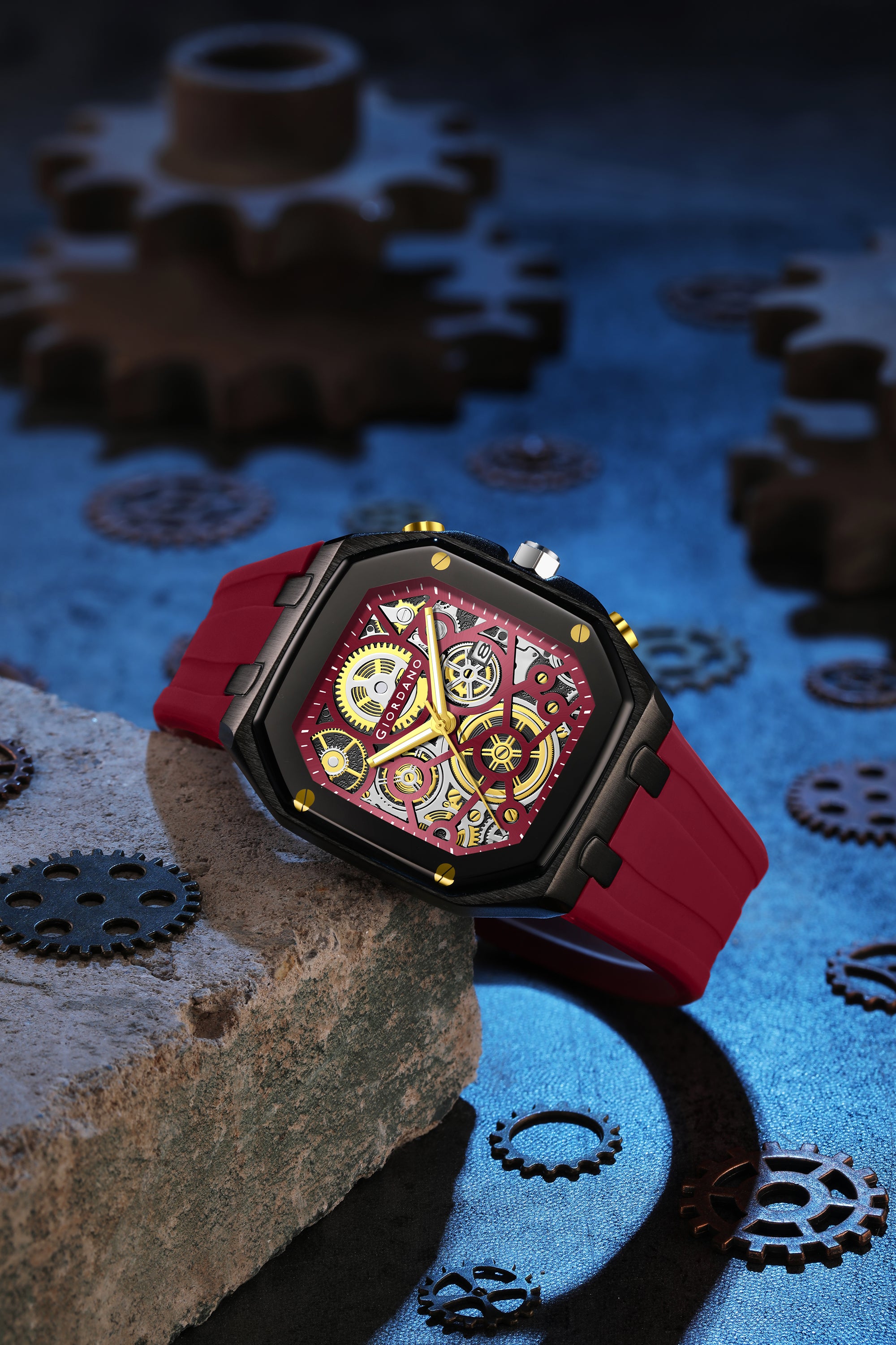 Giordano Skeleton Dial Analog Watch for Men – Black Tone Case, Red Silicone Strap, Date Display & Transparent Mechanical Design GZ-50221-05