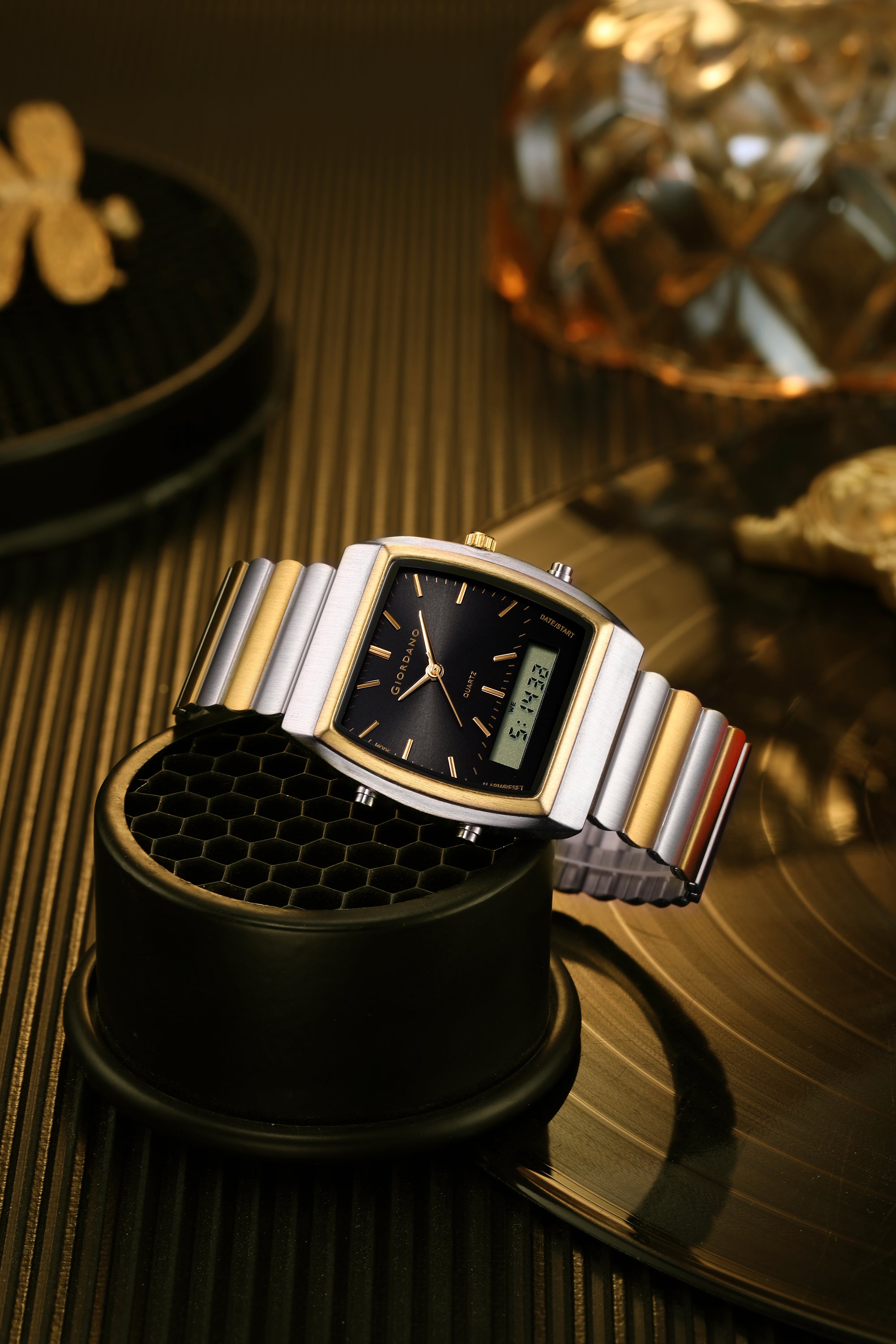 Giordano Analog Digital Watch for Men with Square Black Dial, Day Function, Silver and Gold Stainless Steel Strap - GZ-50207-33