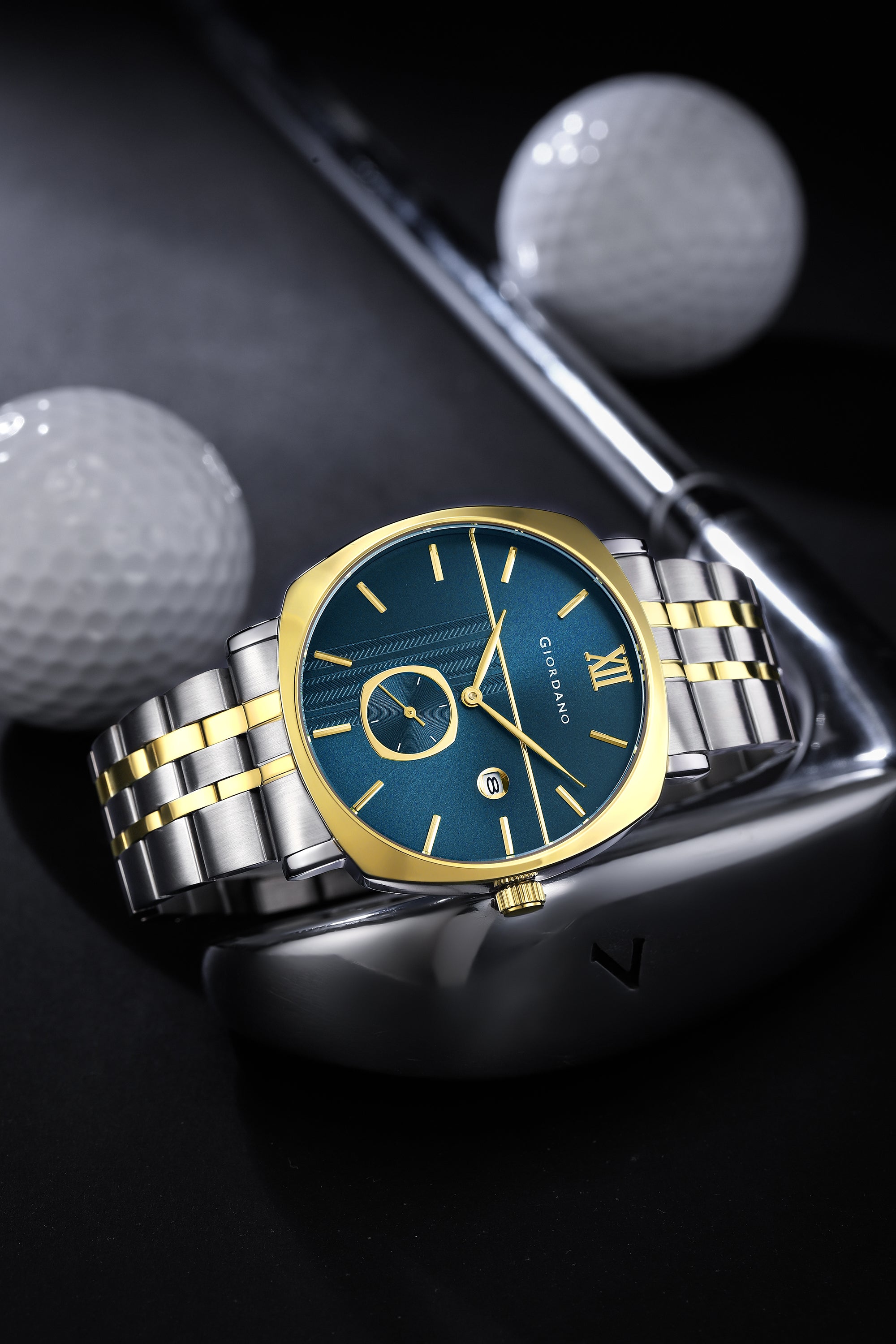 Giordano Analog Quartz Watch for Men with Blue Sunray Patterned Dial, Roman XII & Baton Hour Markers, Small Seconds Sub-Dial, Date Display and Two-Tone Gold & Silver Stainless Steel Strap GZ-50192-55
