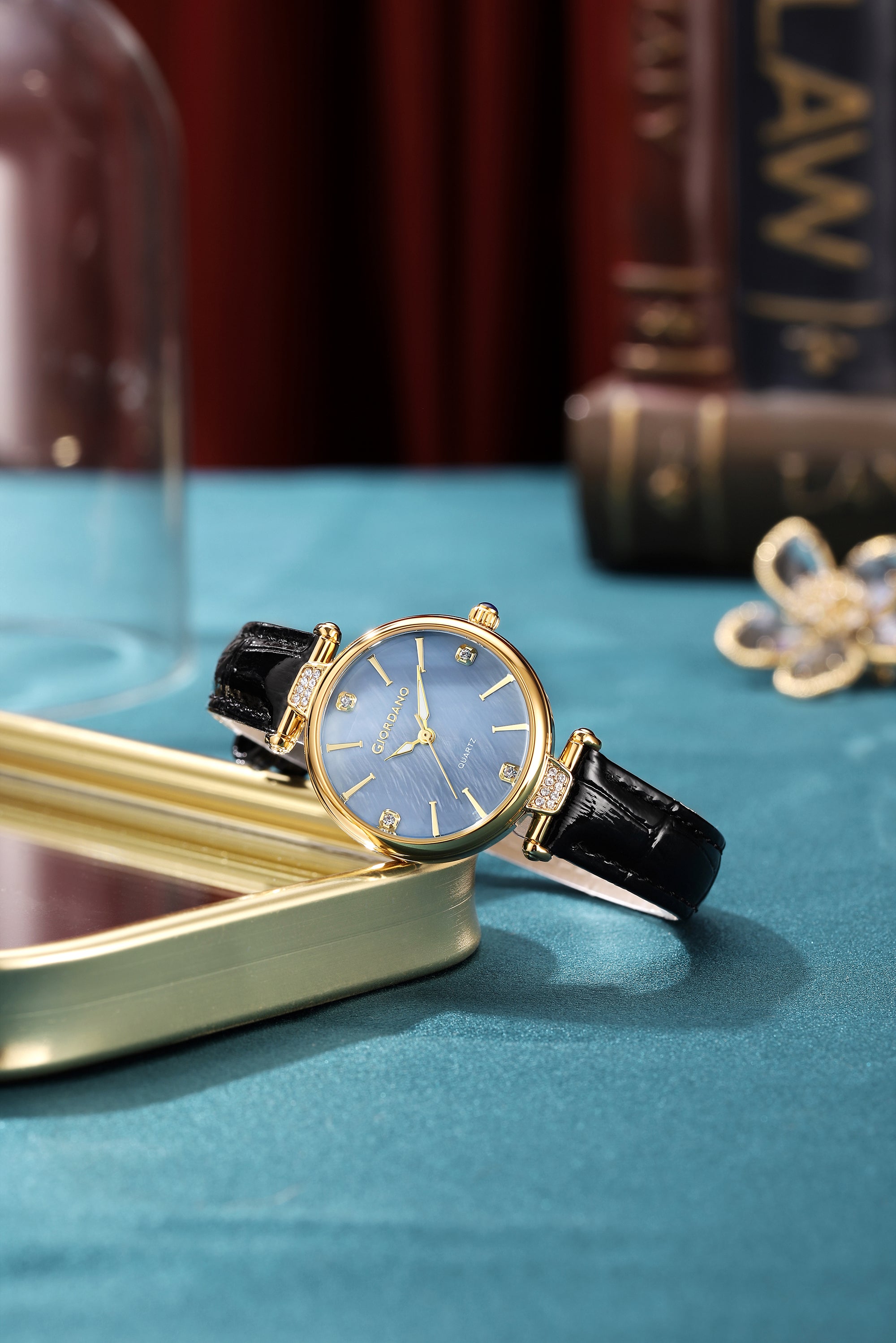 Giordano Analog Quartz Watch for Women with sunray Round Gold Dial, Blue Crown, Luminos hands and Crystal hour markers, Black Leather Strap - GZ-60161-02