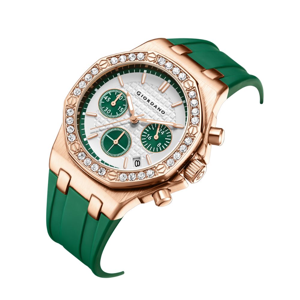 महिलाओं के लिए जिओर्डानो क्रोनोग्राफ घड़ी | स्टेनलेस स्टील केस, क्रिस्टल बेज़ेल | आरामदायक सिलिकॉन स्ट्रैप के साथ आधुनिक और स्टाइलिश टाइमपीस | GZ-50154-33