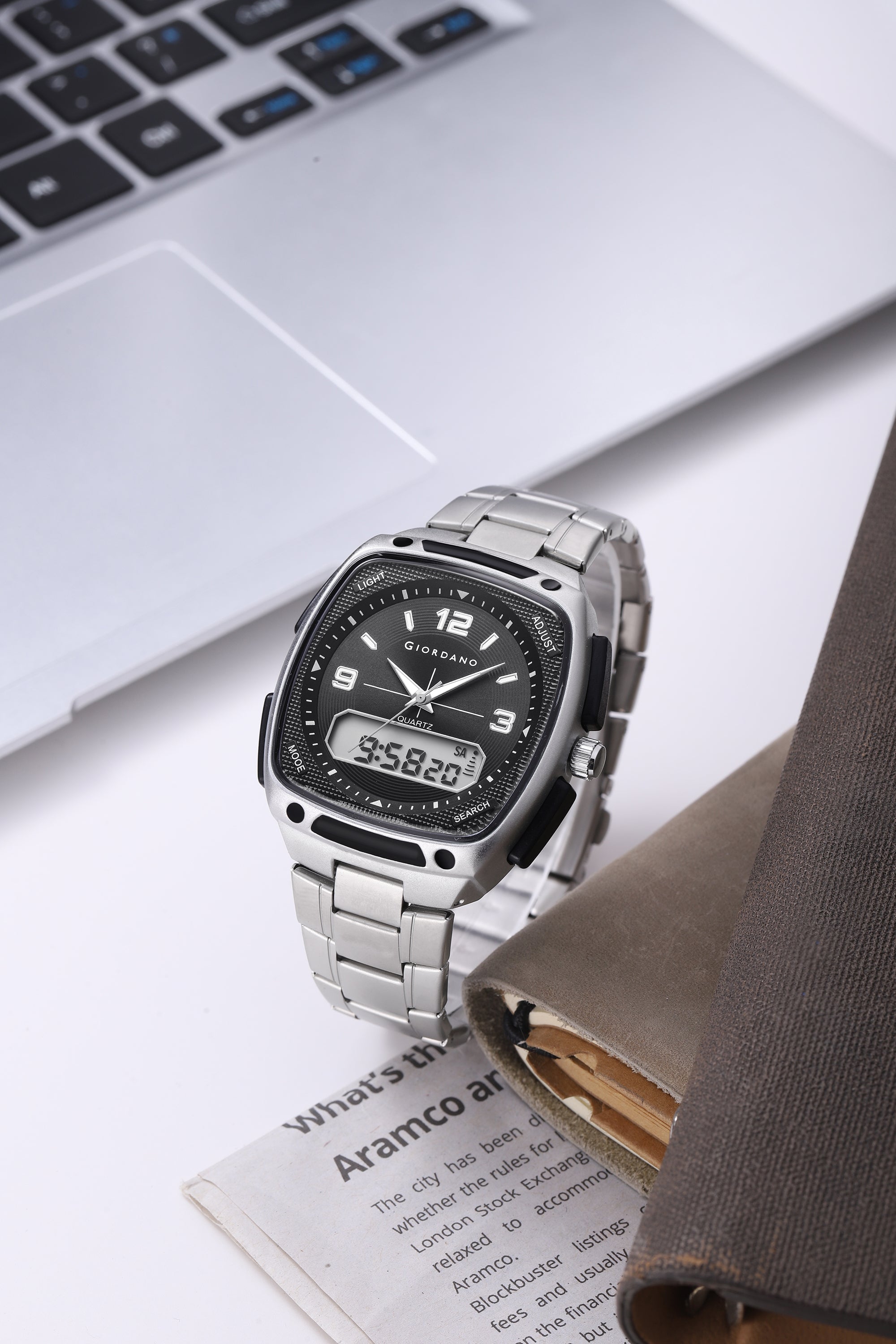 Giordano Analog Quartz Watch for Men with Texured Square Black Dial, Date and Day Function, Luminous Hands and Hour Markers, Silver Stainless Steel Strap - GZ-50223-22