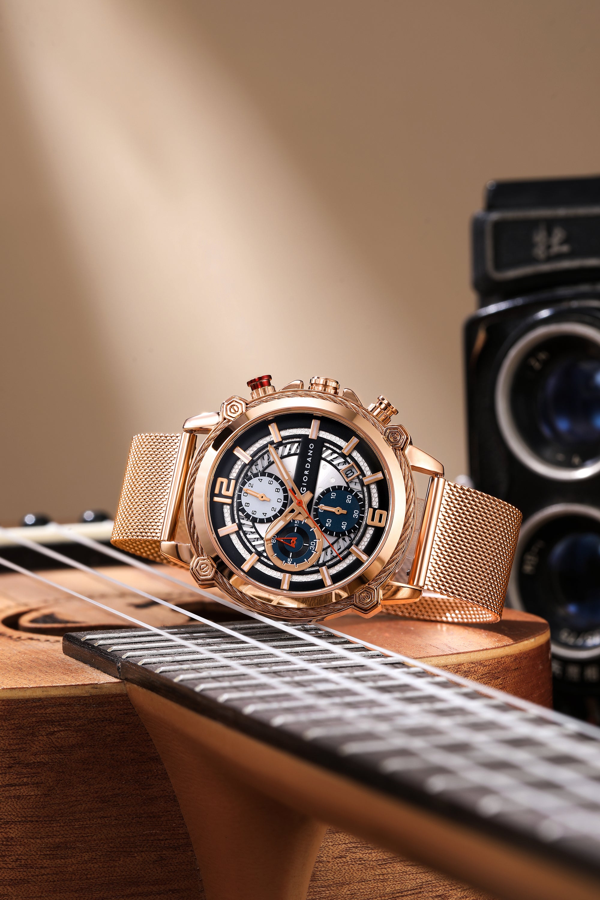Giordano Analog Quartz Watch for Men with Round Textured Dial, Multifunction Sub-Dials, Date Display and Rose Gold Mesh Stainless Steel Strap - GZ-50039-44