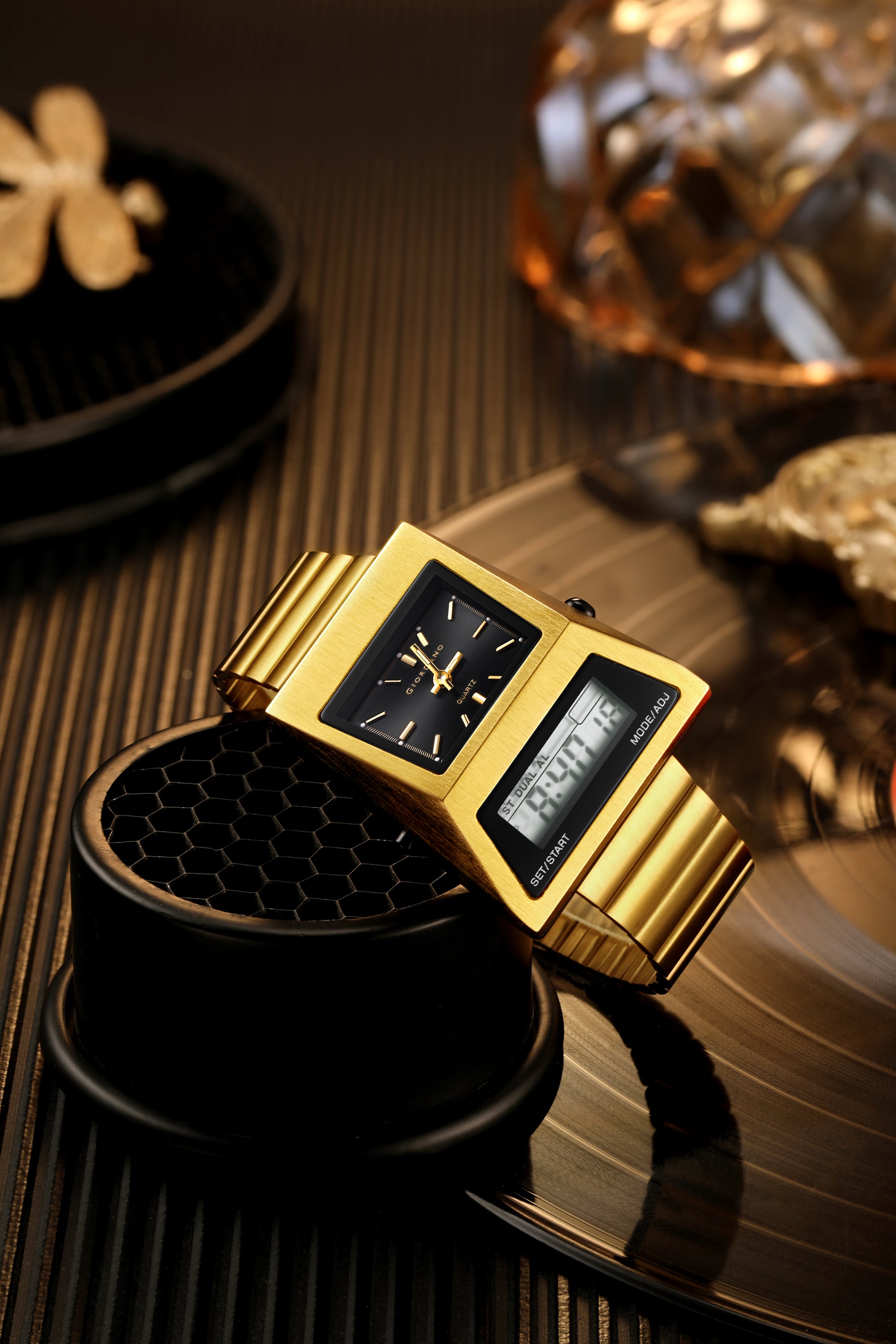 Giordano Analog Digital Watch for Men with Triangle Shape Black Dial, Dual Time Display, Gold Stainless Steel Strap - GZ-50205-22