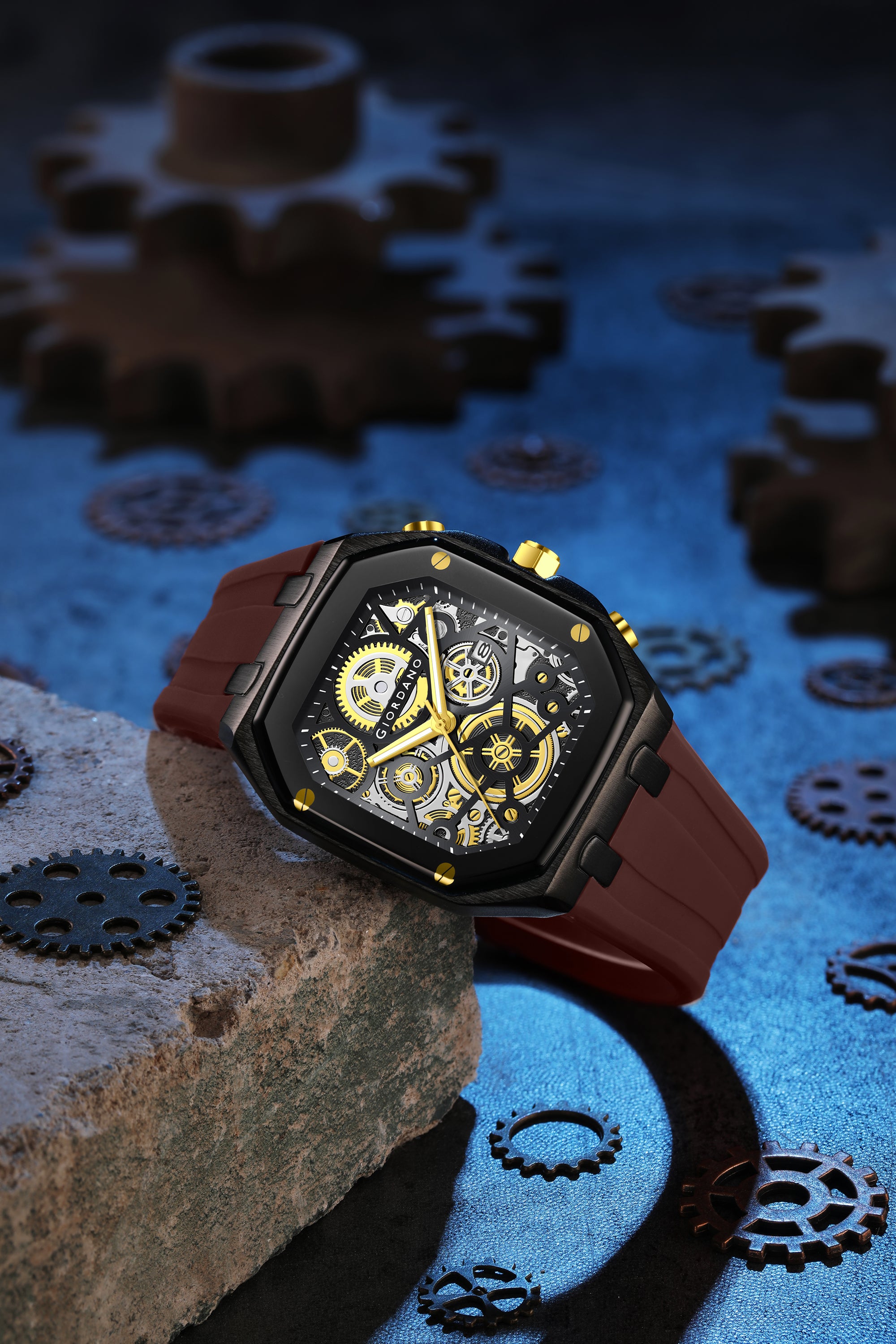 Giordano Skeleton Dial Analog Watch for Men – Black Tone Case, Brown Silicone Strap, Date Display & Transparent Mechanical Design GZ-50221-06