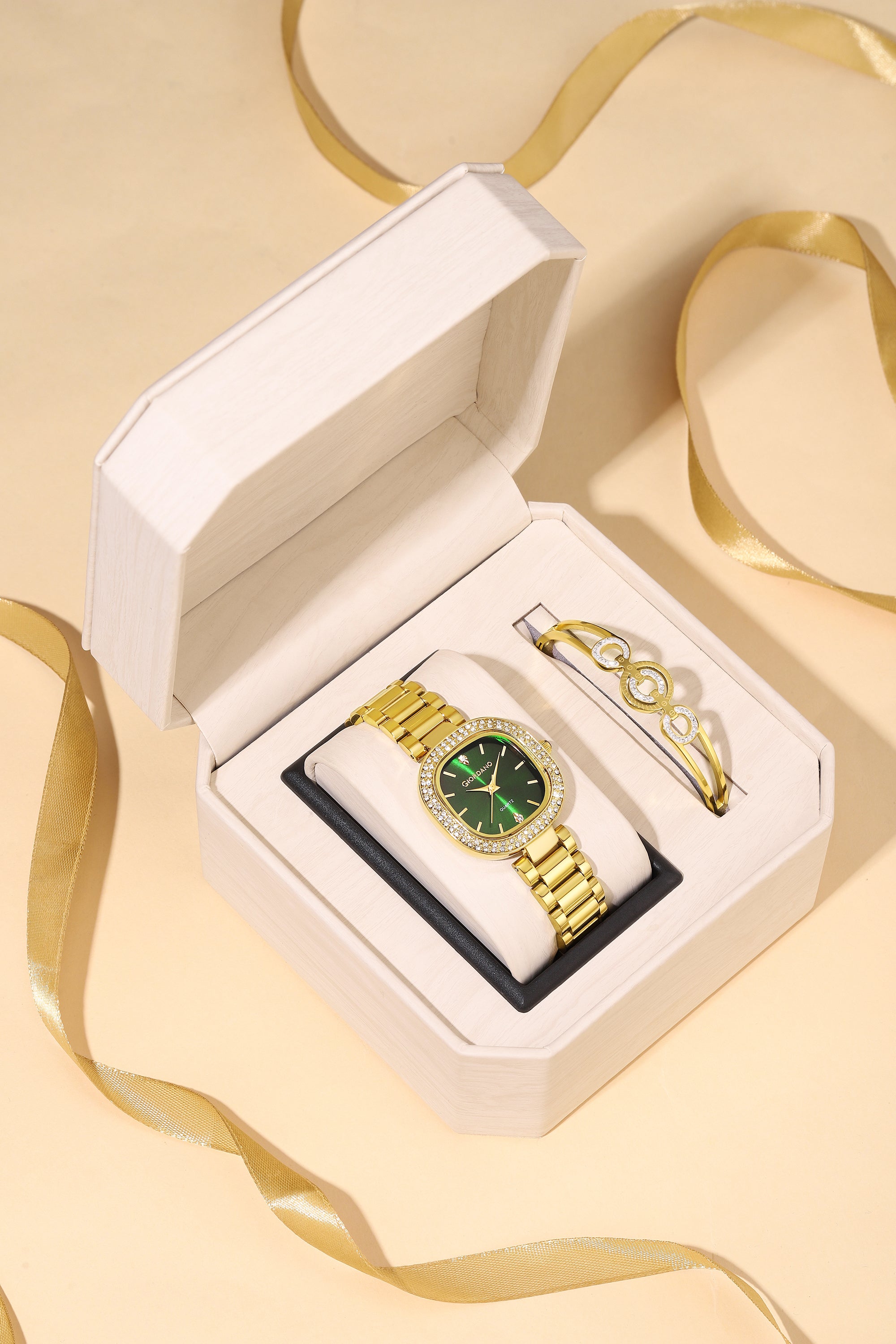 Giordano Analog Quartz Watch for Women with Bangle Square Green Dial, Blue Crown, Crystal Studded Hour Markers and Bezel, Gold Stainless Steel Strap - GZ-60166-33