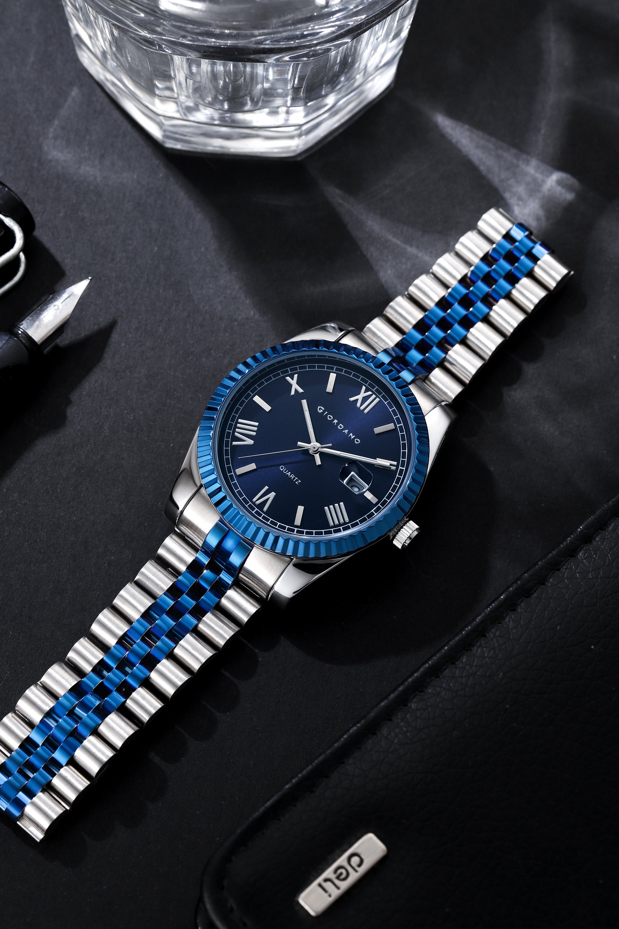 Giordano Analog Quartz Watch for Men with Blue Dial, Roman Numeral & Baton Markers, Date Display, Fluted Bezel and Two-Tone Blue & Silver Stainless Steel Strap - GZ-50190-33