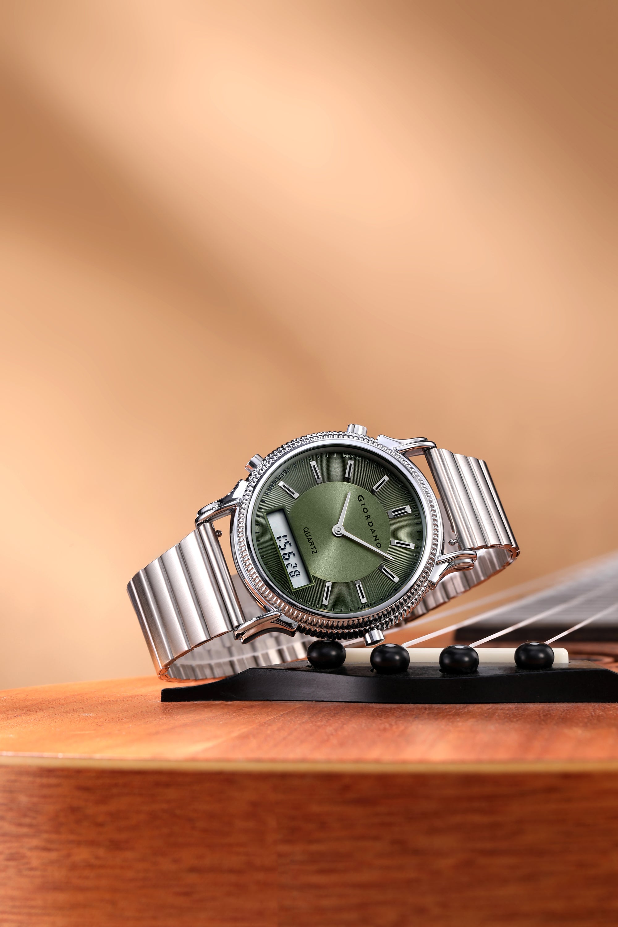 Giordano Analog-Digital Watch for Men - Round Green Dial with Dual Display, Quartz Movement and Silver Stainless Steel Strap - GZ-50209-44