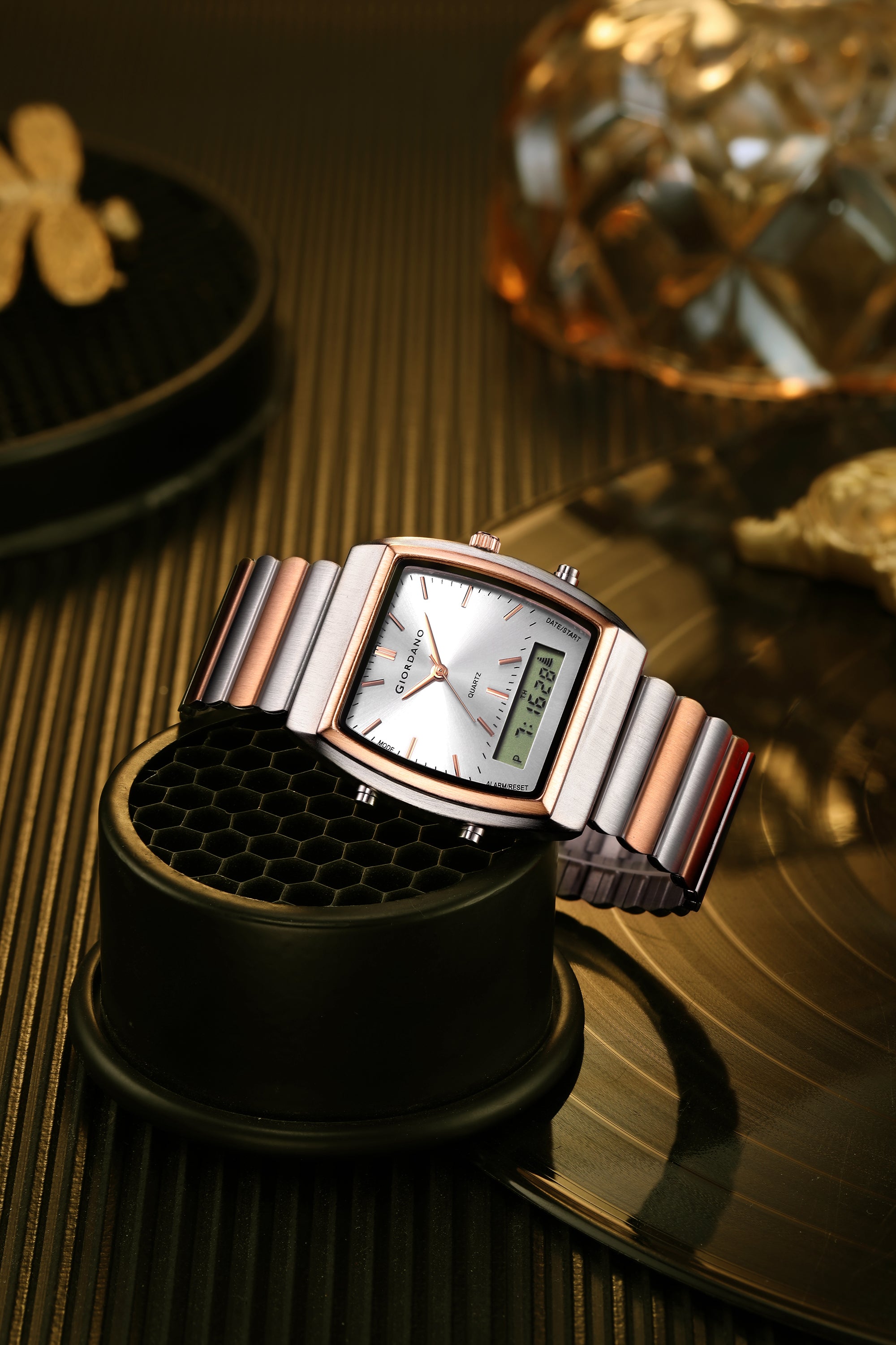 Giordano Analog Digital Watch for Men with Square White Dial, Day Function, Silver and Rose Gold Stainless Steel Strap - GZ-50207-44