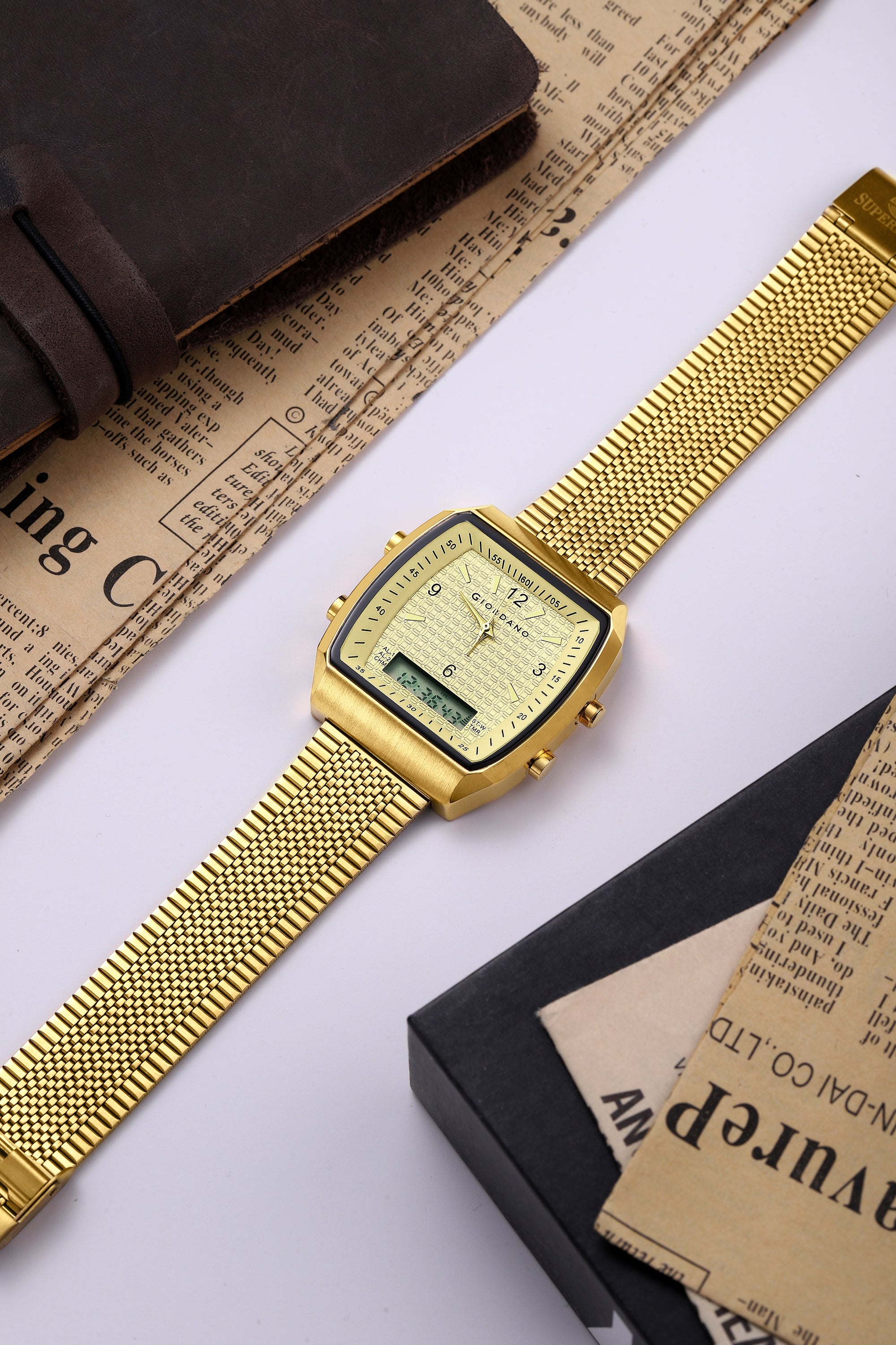Giordano Analog-Digital Square Watch for Men Dual Time Display, Quartz Movement, Day Display, Textured Dial and Gold Stainless Steel Strap - GZ-50219-44