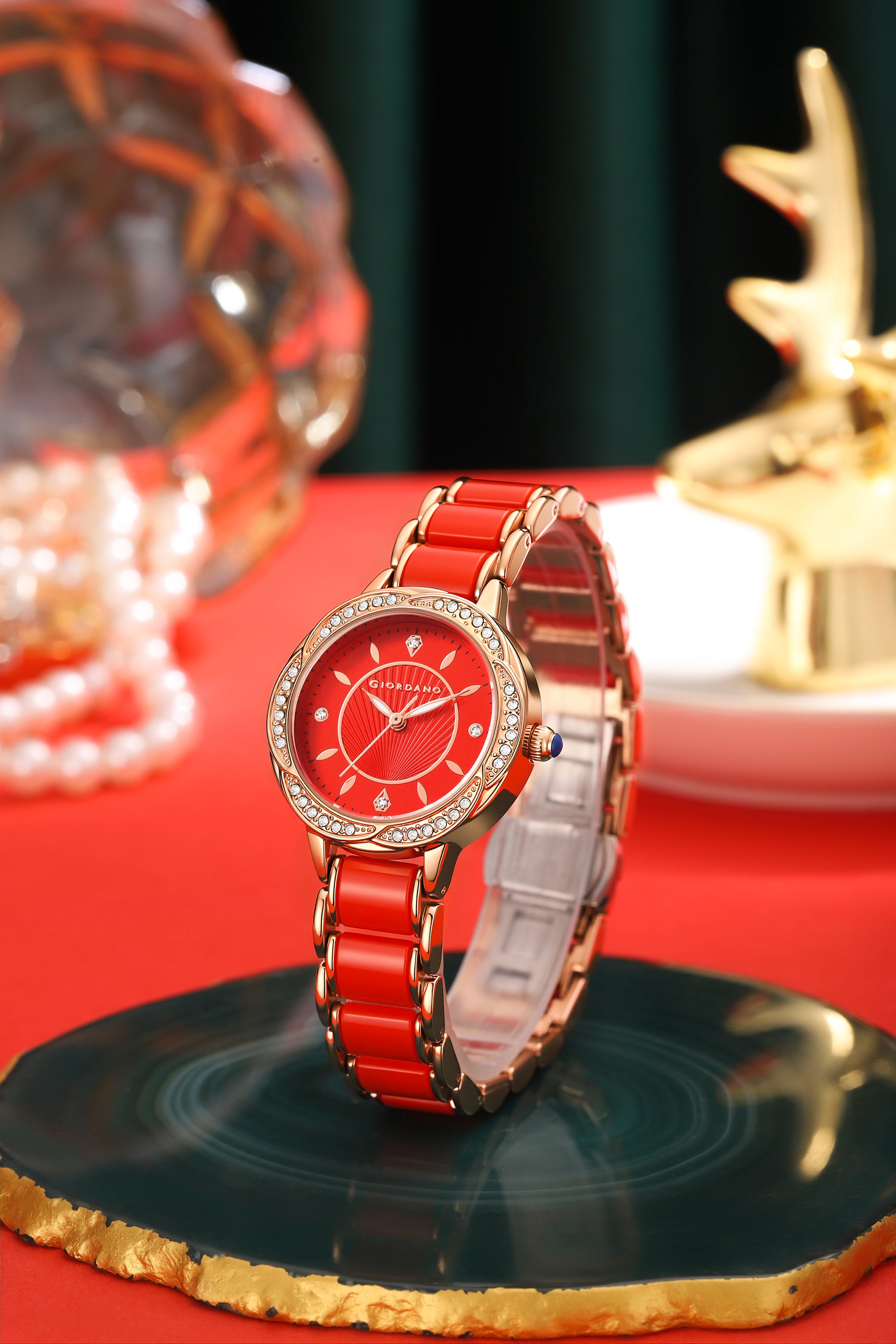 Giordano Flower Case Watch for Women with Crystal-Studded Bezel, Diamond Hour Markers & Dual Tone Stainless Strap - GZ-60095-44