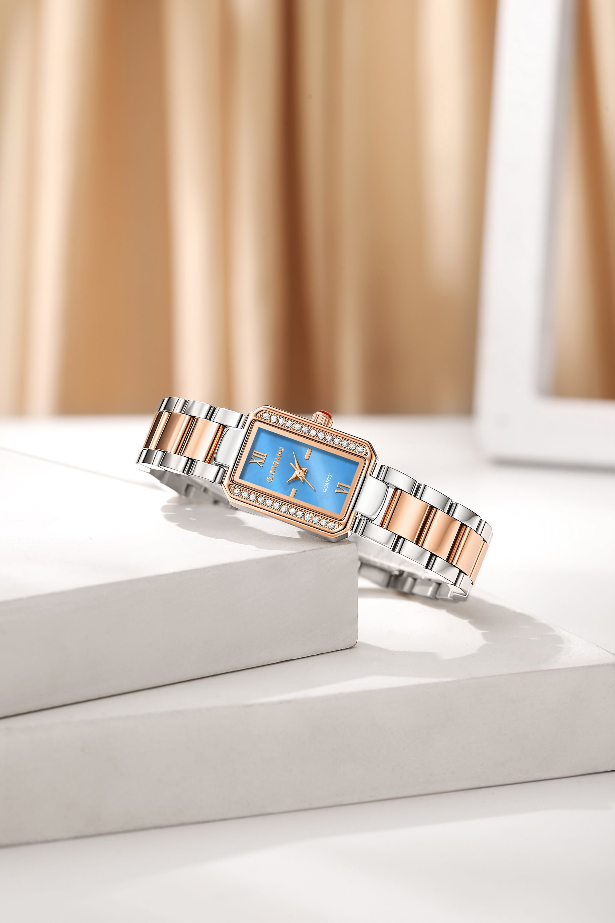 Giordano Analog Quartz Watch for Women with sunray Rectangle Blue Dial, Roman indices, Crystal studded bezel, Blue Crown, Silver and Rose Gold Stainless Steel Strap - GZ-60167-22