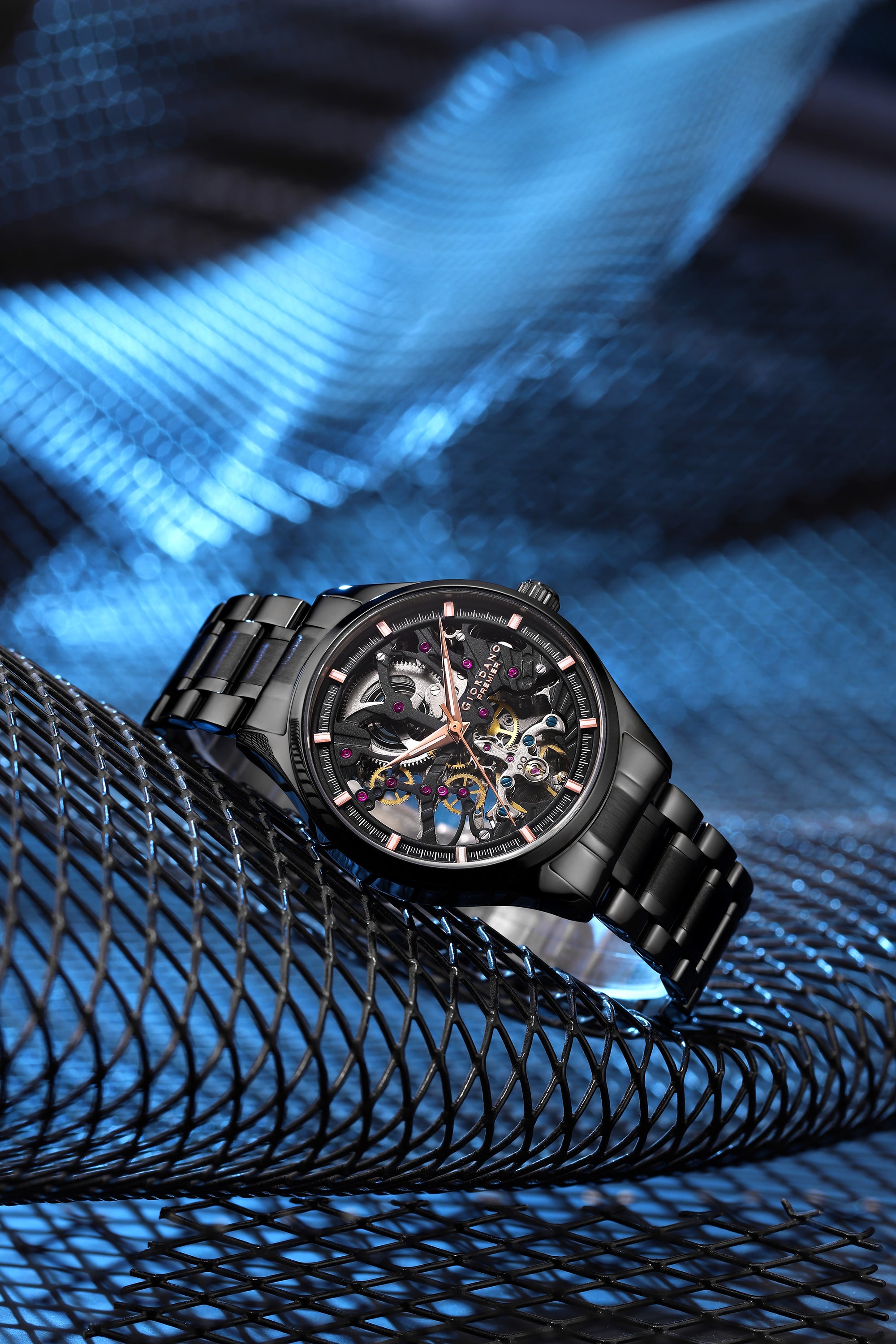 Giordano Automatic Watch for Men with Skeleton Round Black Dial, Luminous Hands and Markers, Black Stainless Steel Strap - GZ-50225-11
