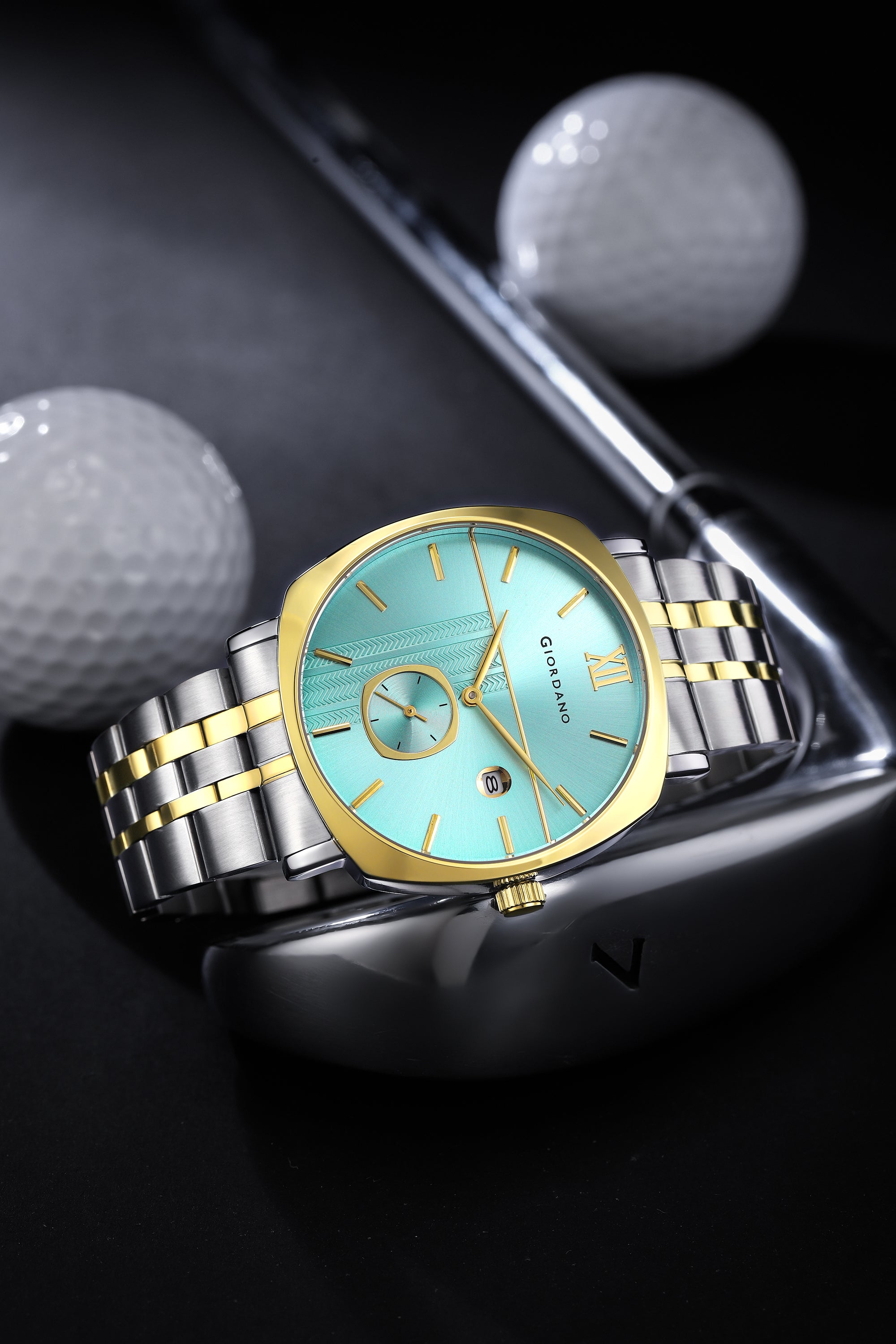 Giordano Analog Quartz Watch for Men with Turquoise Sunray Patterned Dial, Roman XII & Baton Hour Markers, Small Seconds Sub-Dial, Date Display and Two-Tone Stainless Steel Strap - GZ-50192-33