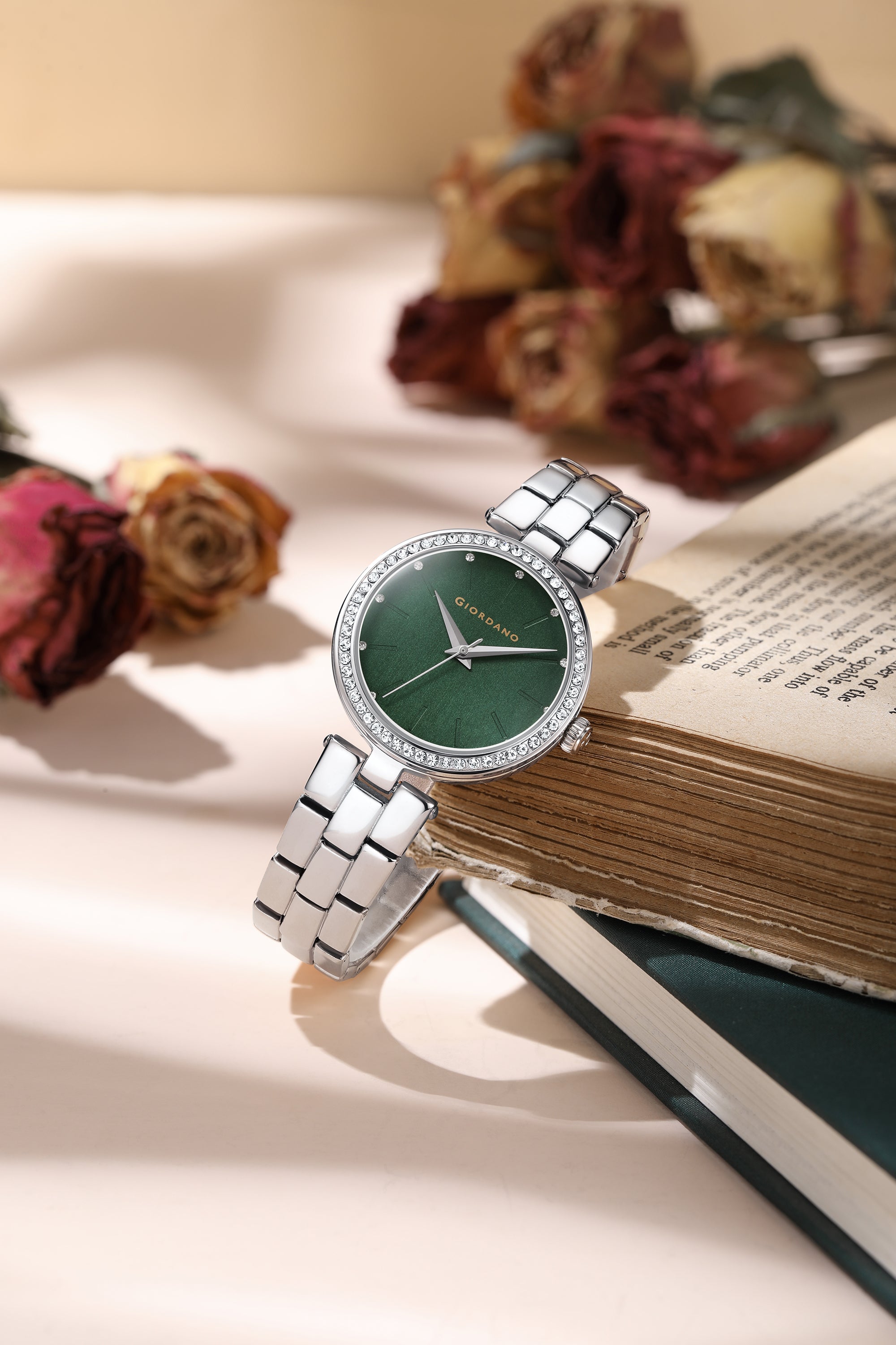 Giordano Analog Watch for Women with Diamond Studded Case and Metal Strap | A2079-55