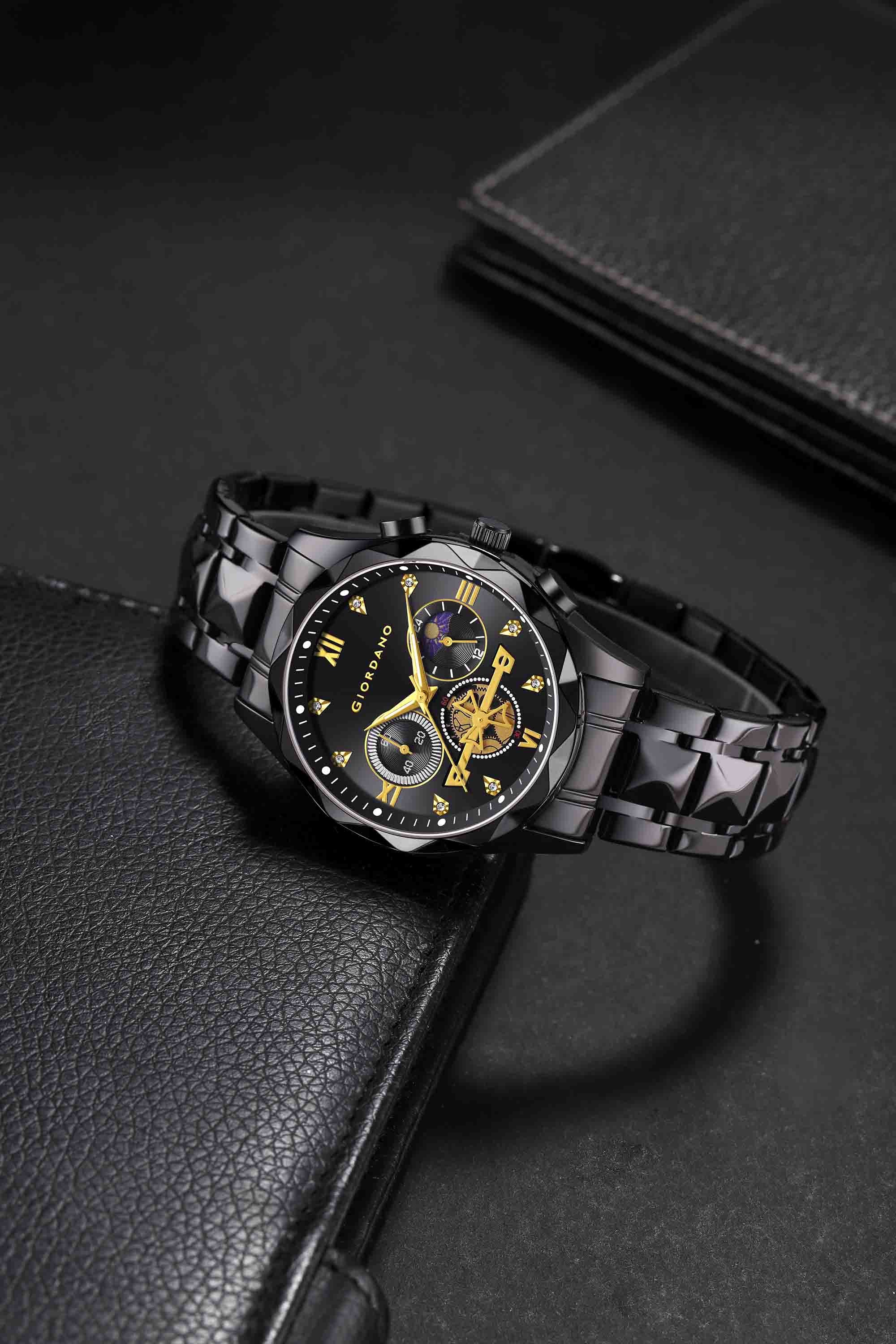 Giordano Chronograph Analog Quartz Watch for Men with Black Dial, Multifunction Subdials, Sun Moon Display, Crystal Hour Markers, Roman Numerals, Black Stainless Steel Strap - GZ-50236-11