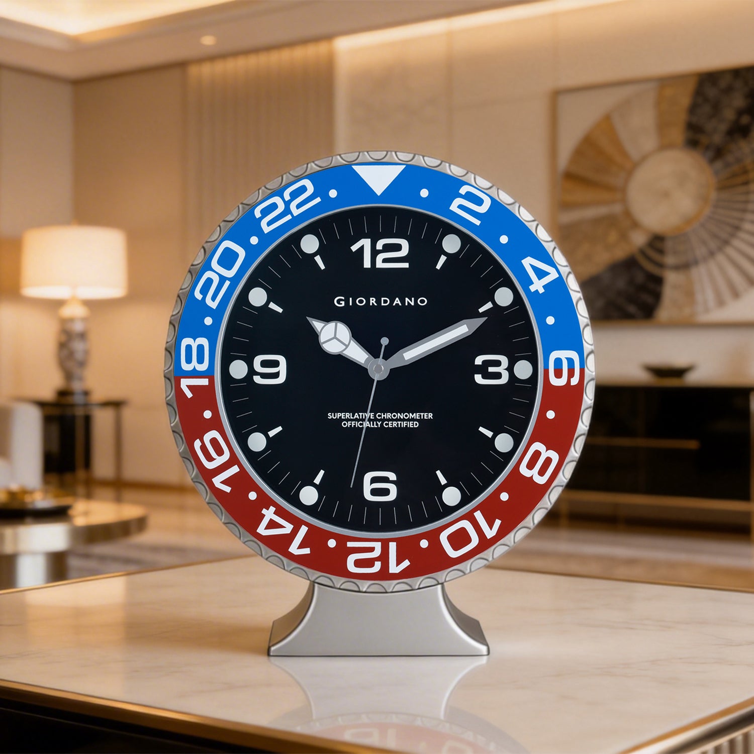 Giordano Wall Clock, Silent Sweep Non-Ticking Quartz Movement, Black Dial, Blue & Black Diver Style Bezel, Plastic Frame - GDCLTM2026BLRD