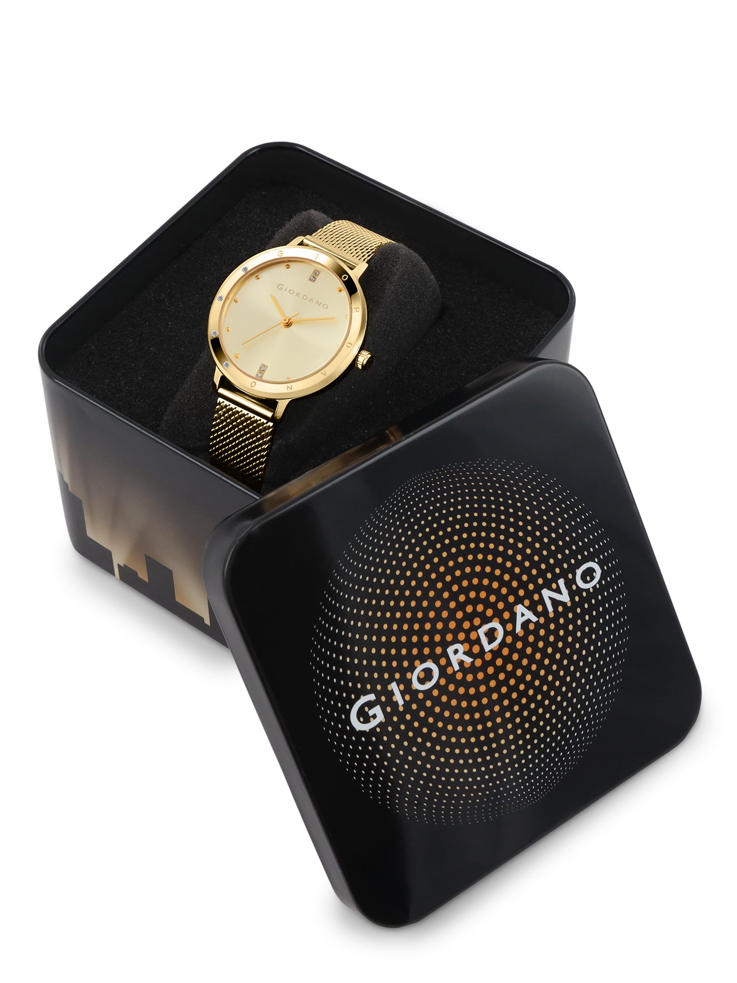 Giordano Analog Watch for Women with Round Gold Sunray Dial, Crystal Studded Bezel, Quartz Movement and Gold Stainless Steel Mesh Strap A2085-44