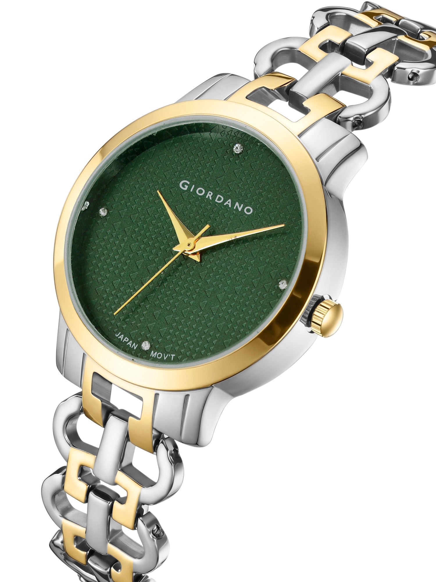 Giordano Analog Quartz Watch for Women with Green Textured Round Dial, Crystal Hour Markers & Gold and Silver Two-Tone Stainless Steel Bracelet Strap - C2204-66