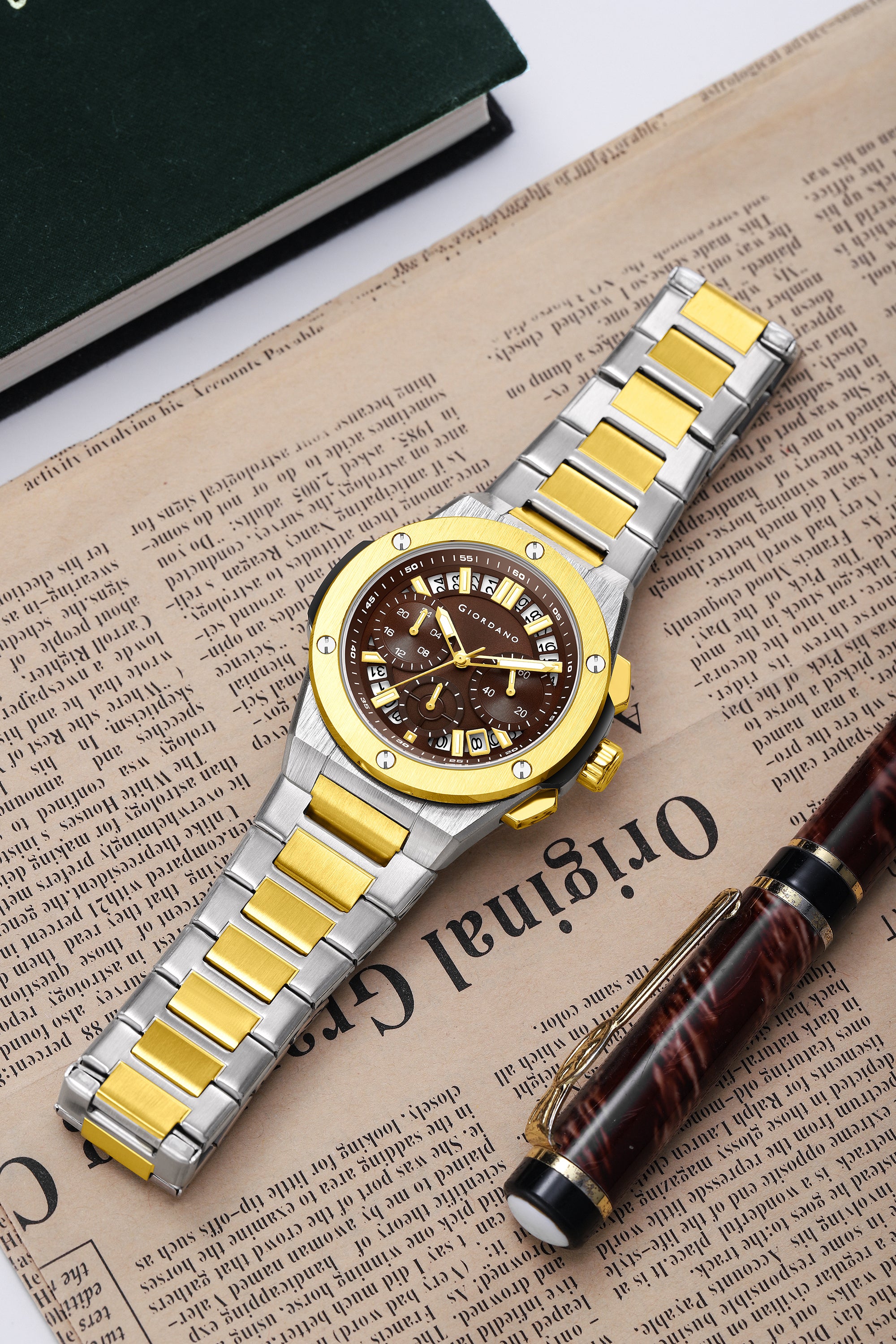 Giordano Chronograph Analog Quartz Watch for Men with Round Brown Dial, Date Function, Luminous Hands and Markers, Silver and Gold Stainless Steel Strap - GZ-50200-33