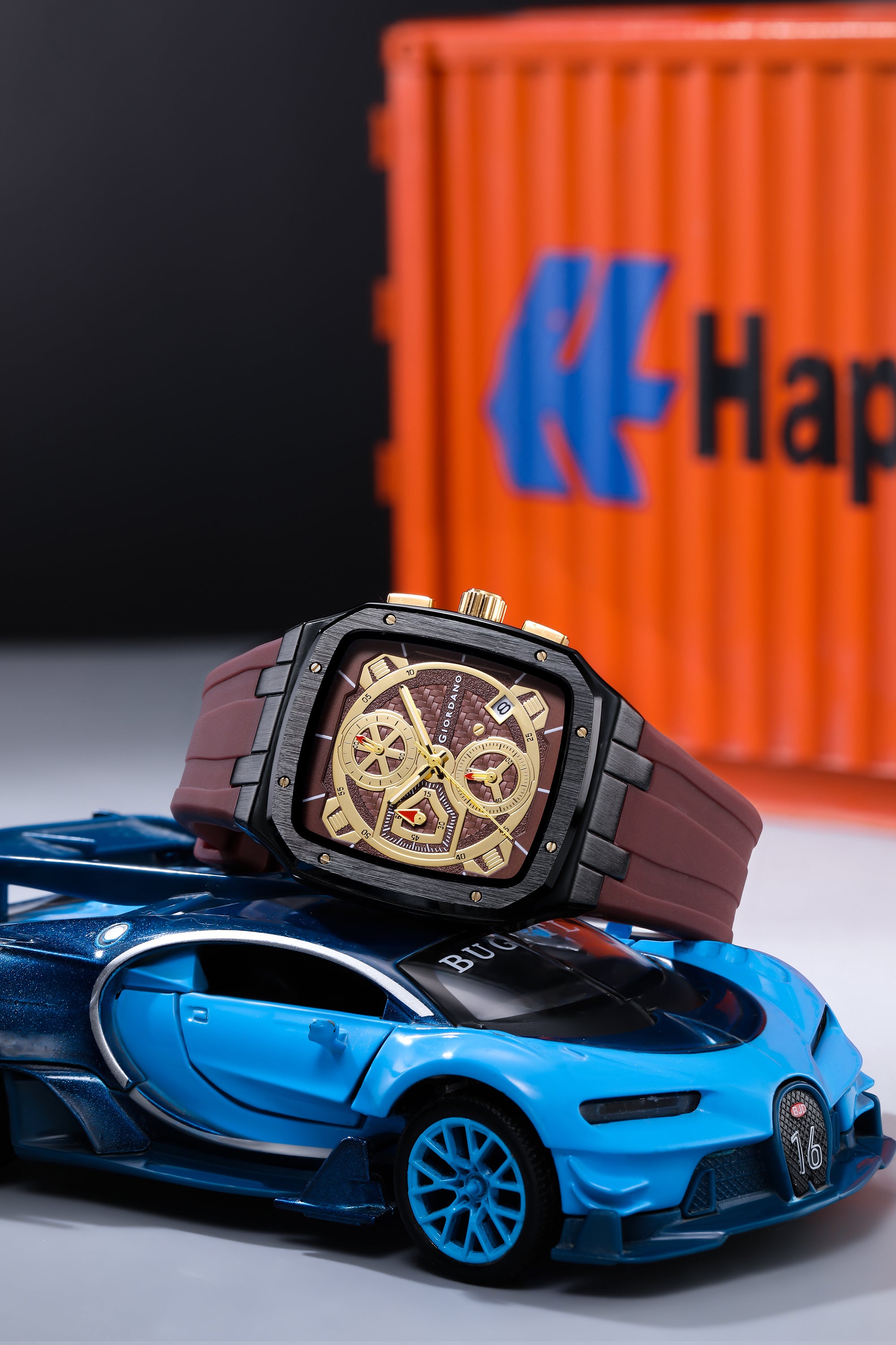 Giordano Analog Watch for Men with Chronograph Subdials, Black Square Case, Date Display, Quartz Movement, Brown Silicone Strap GZ-50204-33