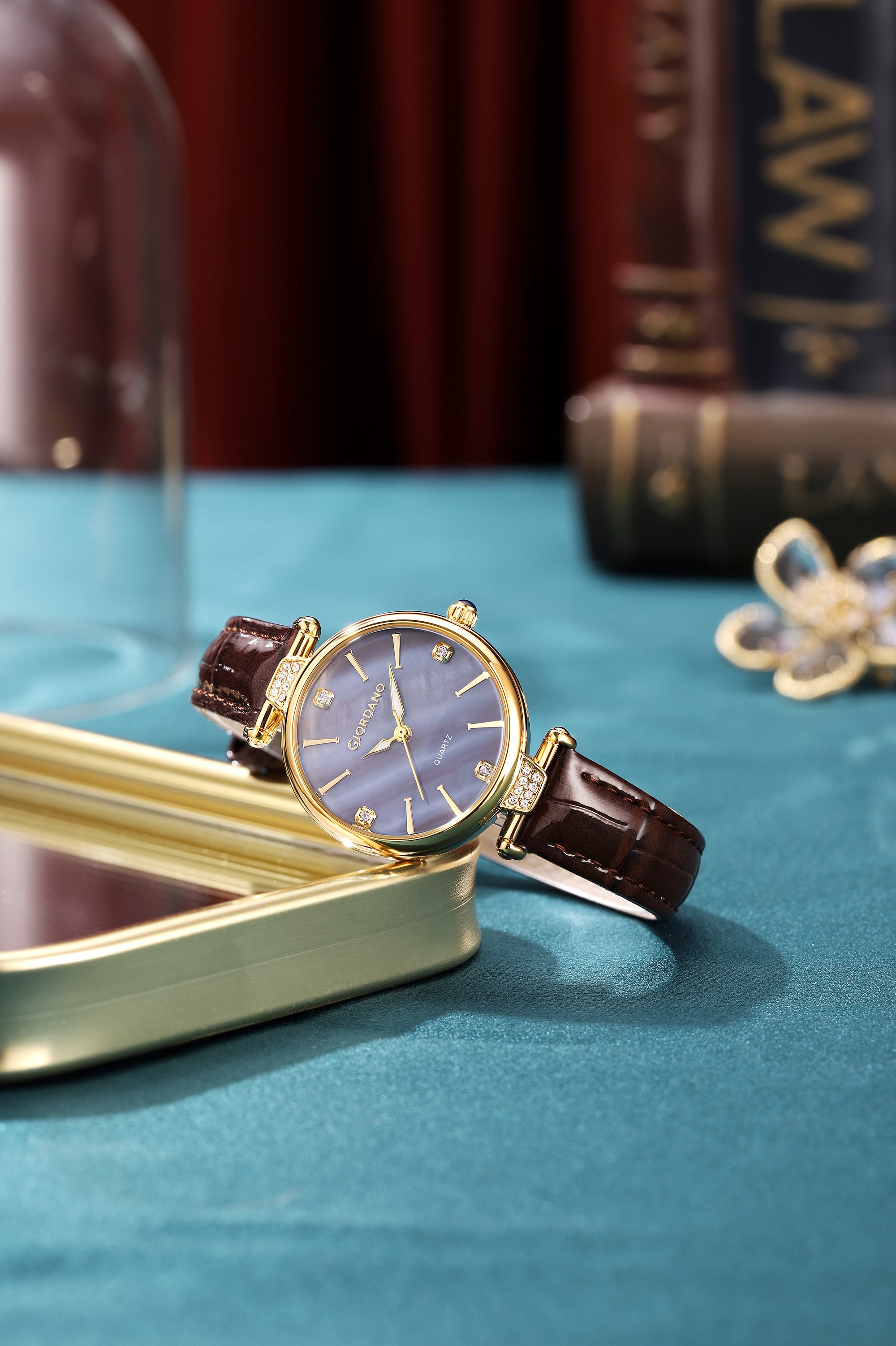 Giordano Analog Quartz Watch for Women with sunray Round Brown Dial, Blue Crown, Luminos hands and Crystal hour markers, Brown Leather Strap - GZ-60161-06