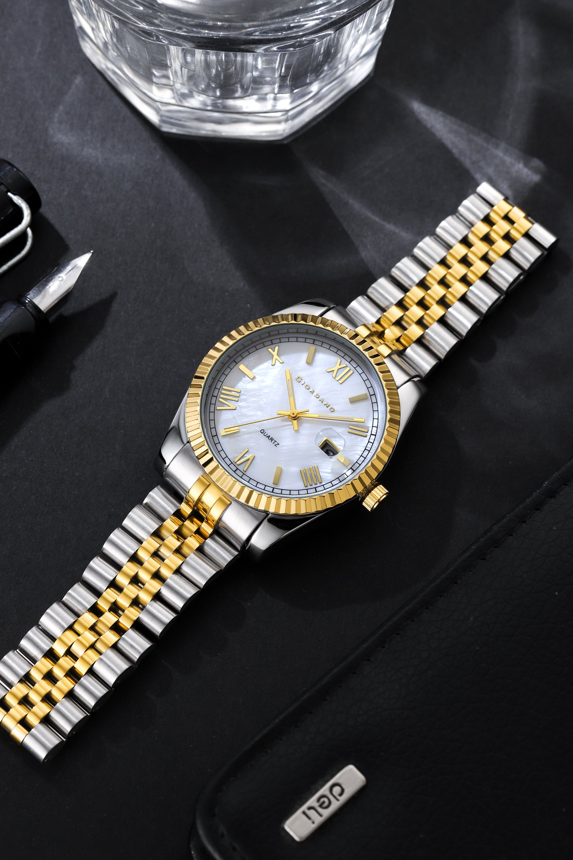 Giordano Analog Quartz Watch for Men with White Mother-of-Pearl Dial, Roman Numeral & Baton Markers, Date Display, Fluted Bezel and Two-Tone Gold & Silver Stainless Steel Strap - GZ-50190-11