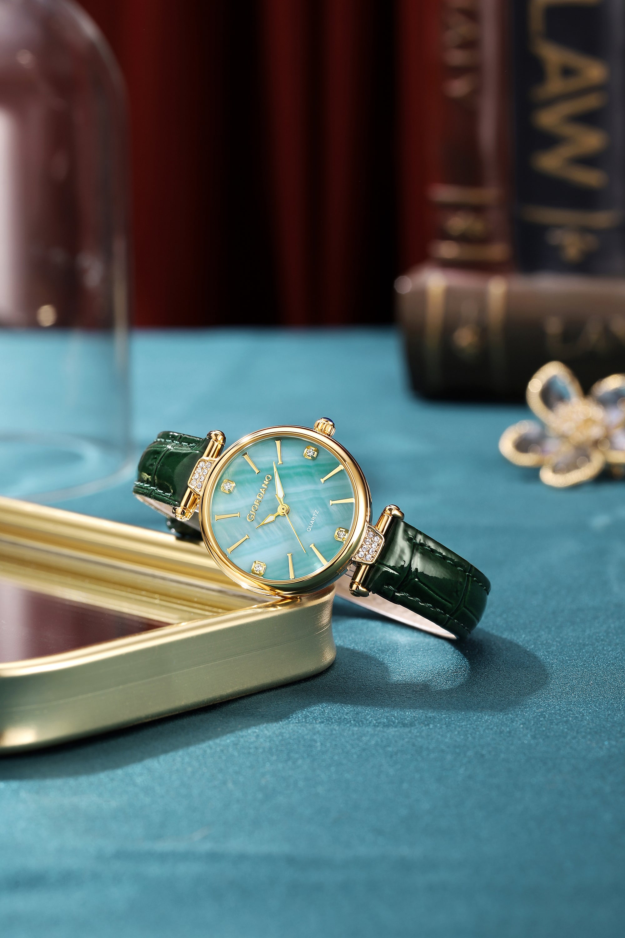 Giordano Analog Quartz Watch for Women with sunray Round Green Dial, Blue Crown, Luminos hands and Crystal hour markers, Silver Leather Strap - GZ-60161-03