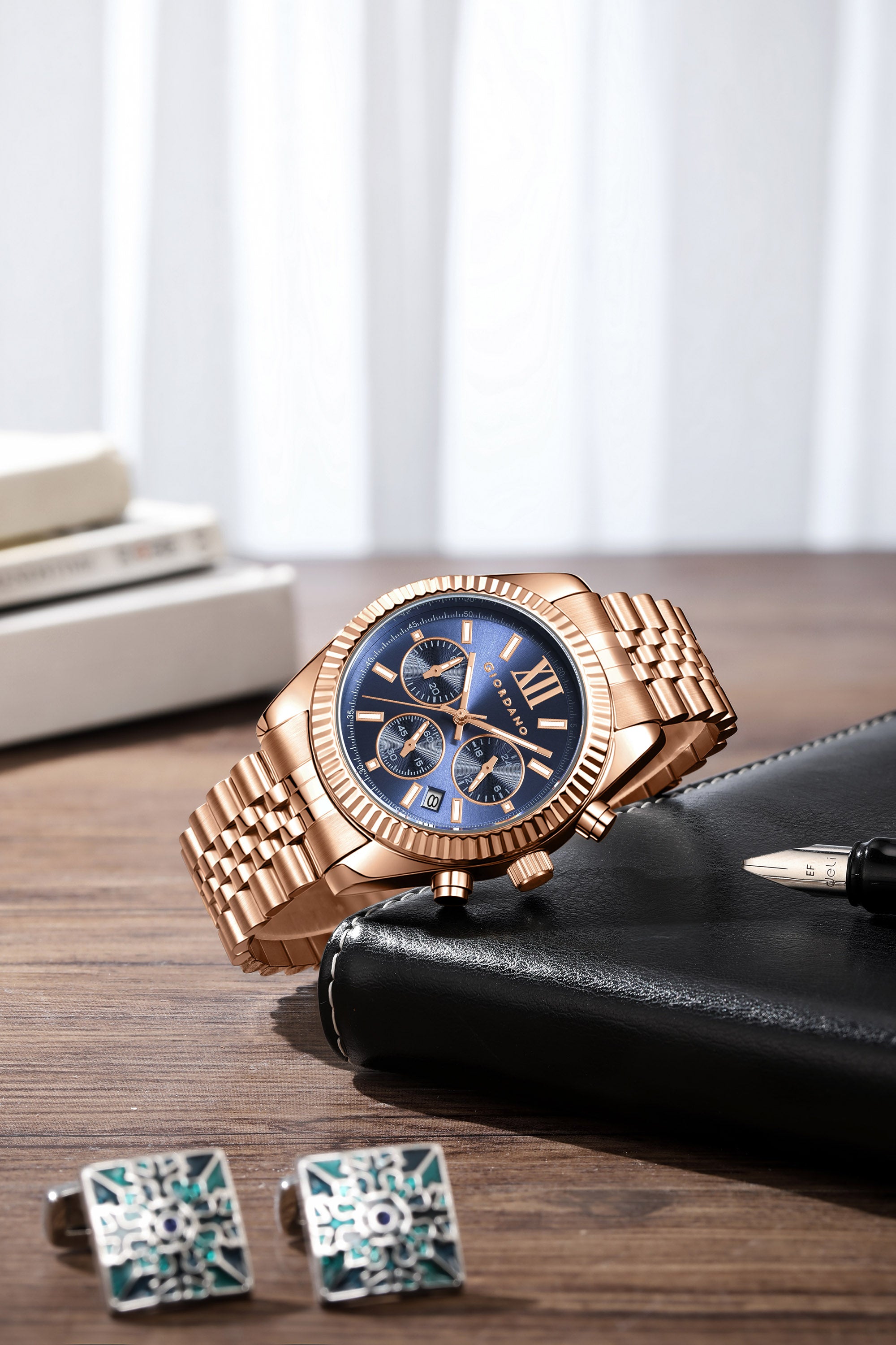 Giordano Chronograph Analog Quartz Watch for Men with Round Blue Dial, Roman indices, Date Function, Luminos hands and Markers, Rose Gold Stainless Steel Strap - GZ-50217-55