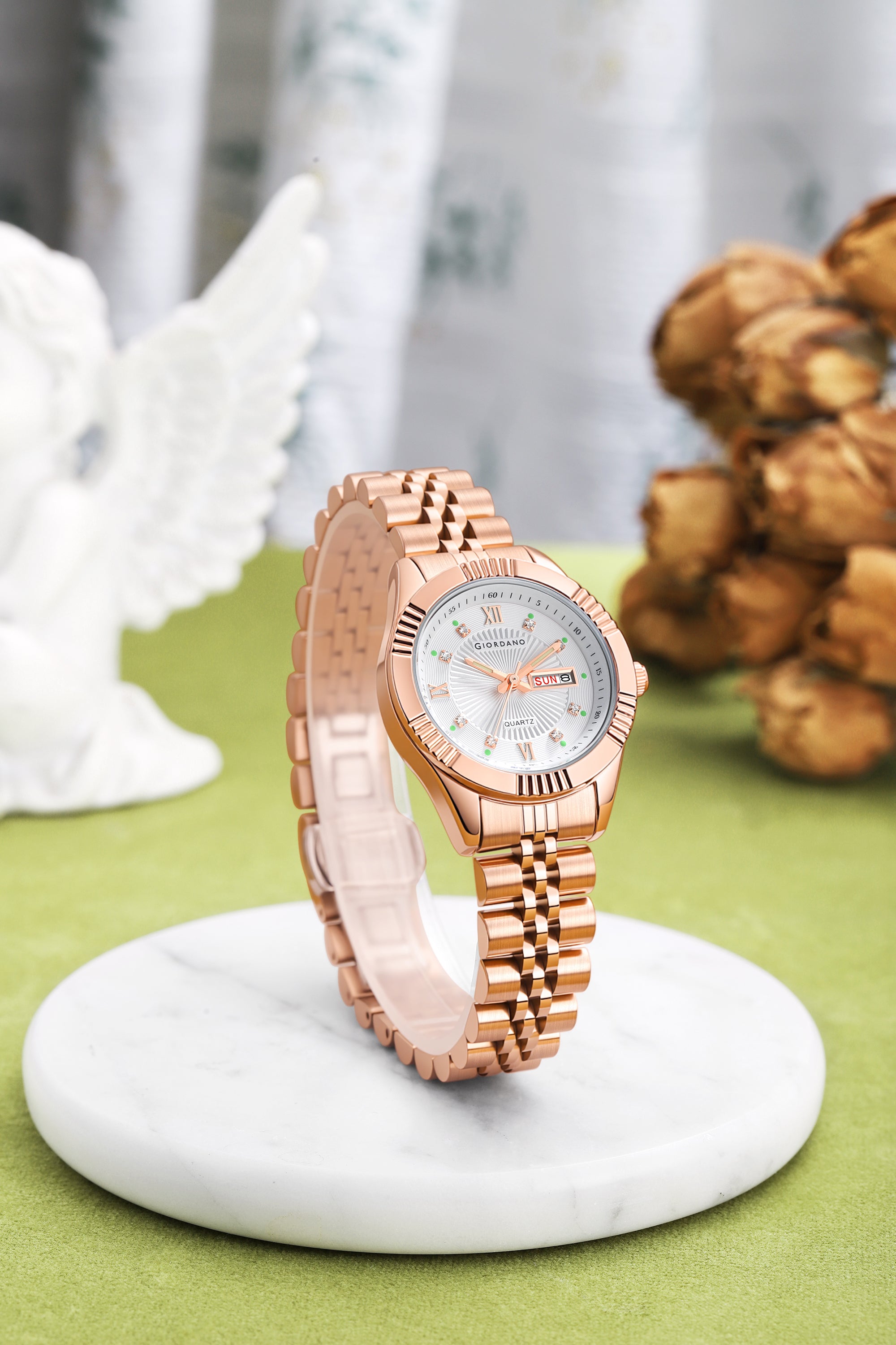 Giordano Analog Quartz Watch for Women with Day & Date Display, Textured Dial, Diamond Hour Markers, Roman Numerals Stainless Steel Strap - GZ-60172-55