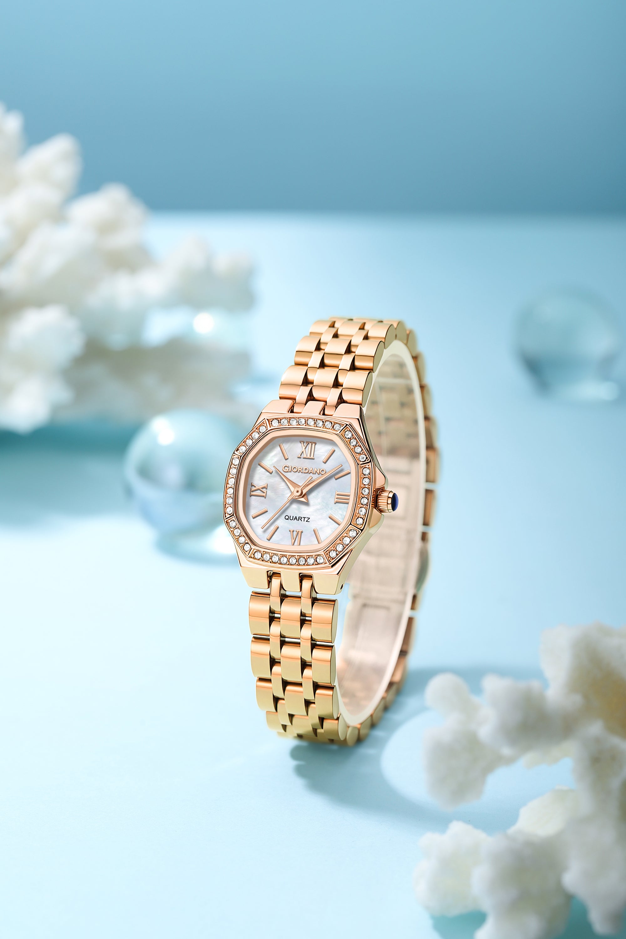 Giordano Analog Watch for Women with White Dial, Crystal Studded Bezel, Roman Indices & Stainless Steel Strap GZ-60162-77