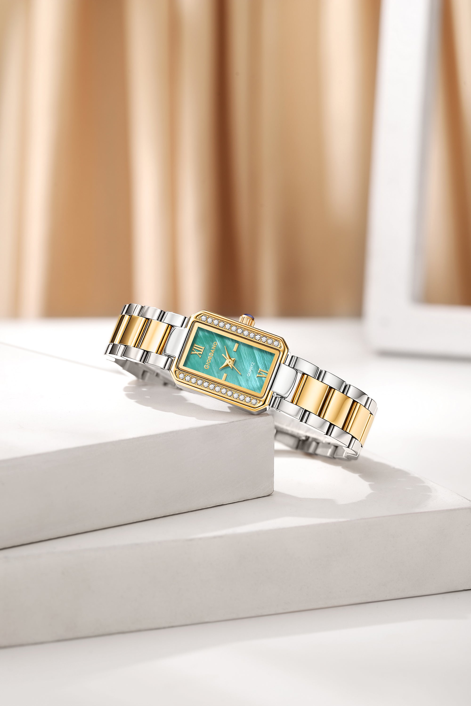 Giordano Analog Quartz Watch for Women with sunray Rectangle Green Dial, Roman indices, Crystal studded bezel, Blue Crown, Silver and Gold Stainless Steel Strap - GZ-60167-33