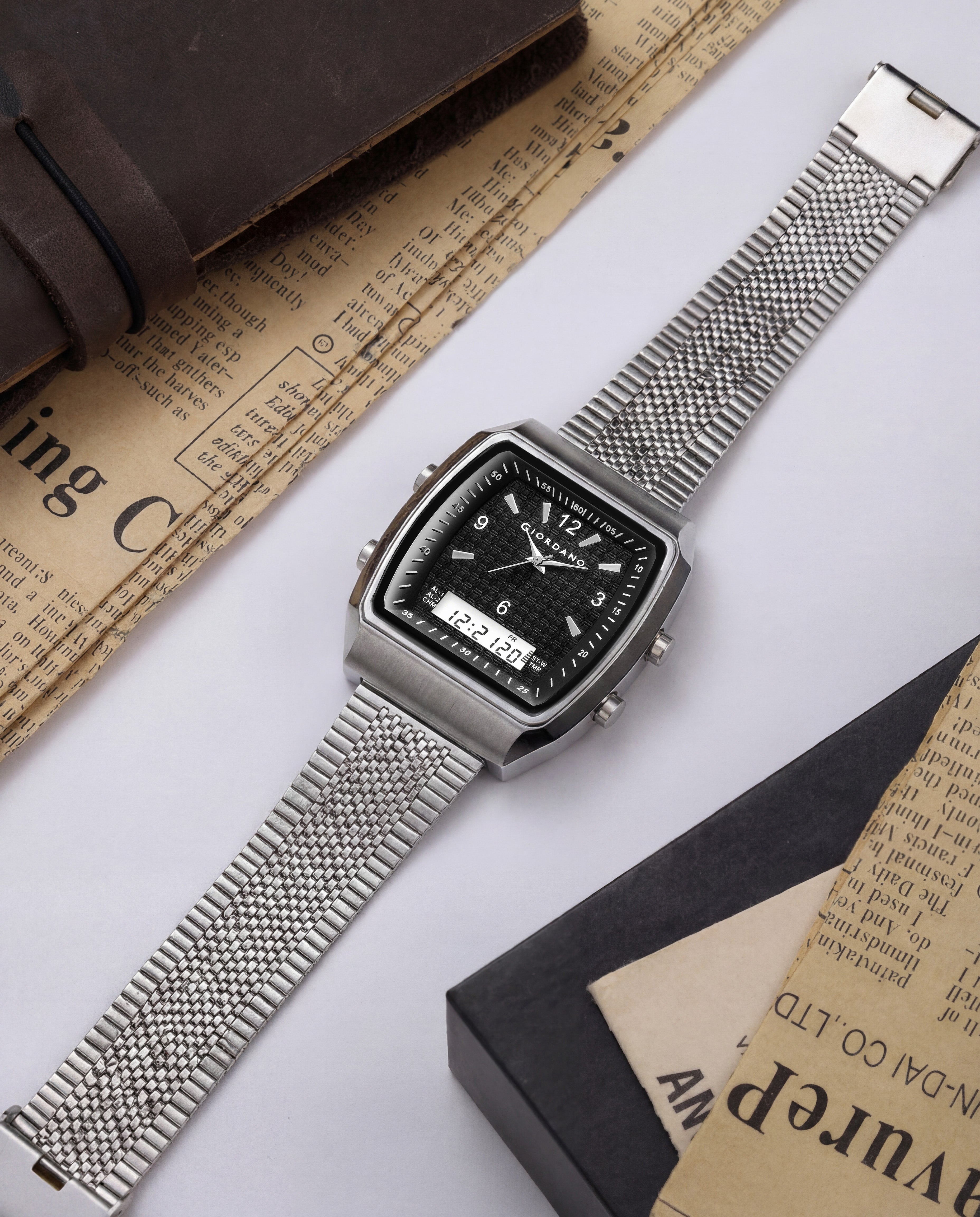 Giordano Analog-Digital Square Watch for Men Dual Time Display, Quartz Movement, Day Display, Textured Dial and Black Stainless Steel Strap - GZ-50219-22