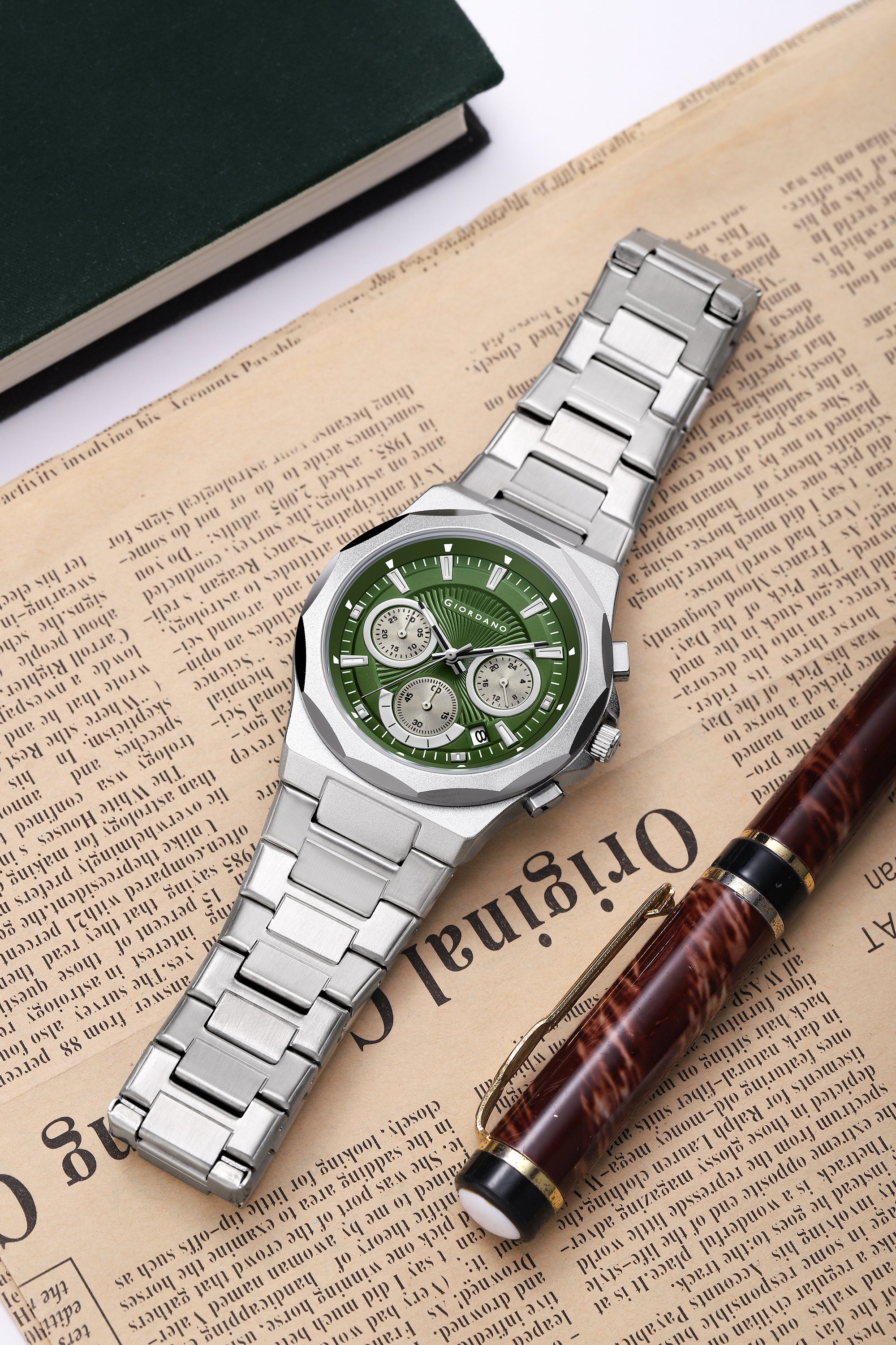 Giordano Chronograph Analog Quartz Watch for Men with Textured Round Green Dial, Date Function, Luminous Hands and Markers, Silver Stainless Steel Strap - GZ-50199-33