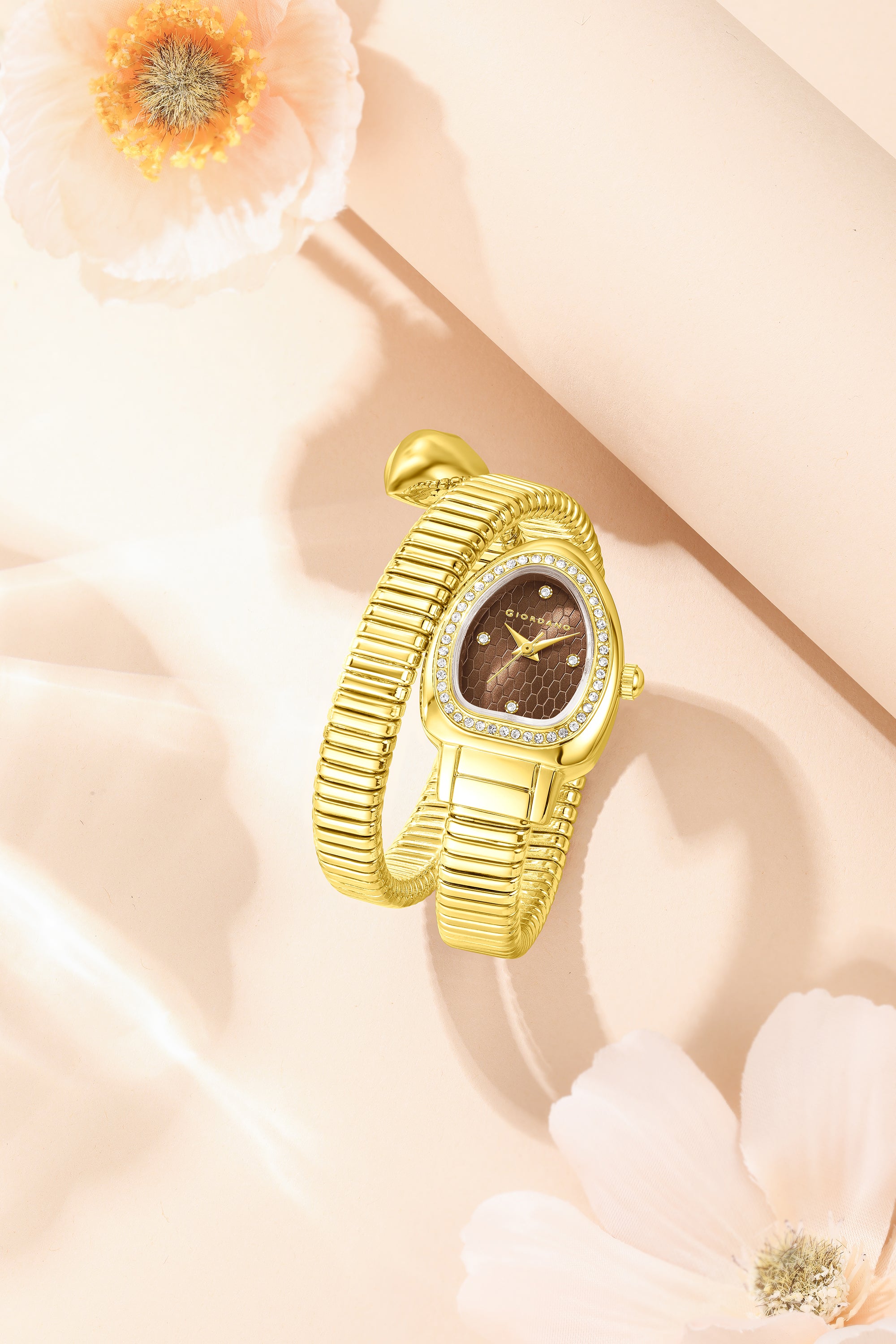 Giordano Serpentine Collection Analog Quartz Watch for Women with Brown Honeycomb-Textured Dial, Crystal Bezel & Markers, Snake-Style Wrap-Around Gold Stainless Steel Strap - GZ-60188-66