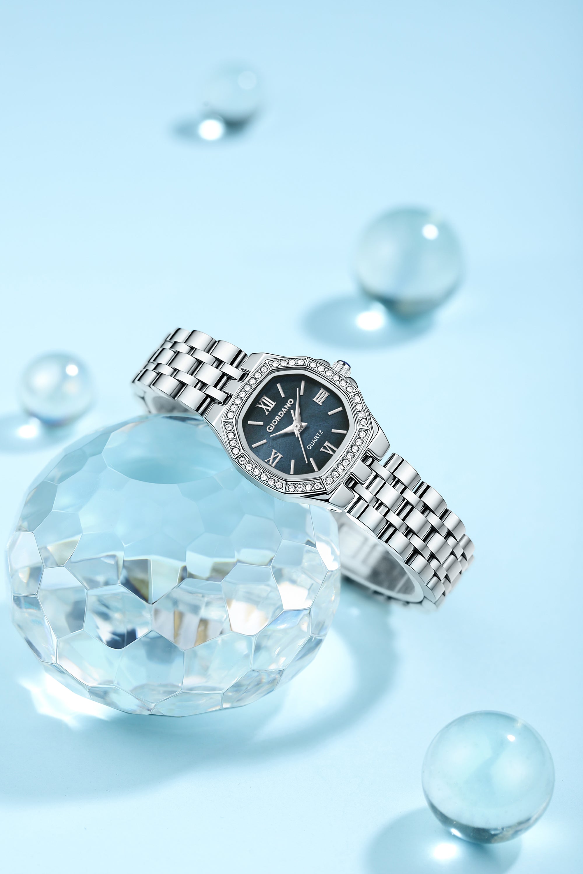 Giordano Analog Quartz Watch for Women with Round Blue Dial, Crystal Studded Bezel, Roman Markers and Stainless Steel Strap - GZ-60162-11