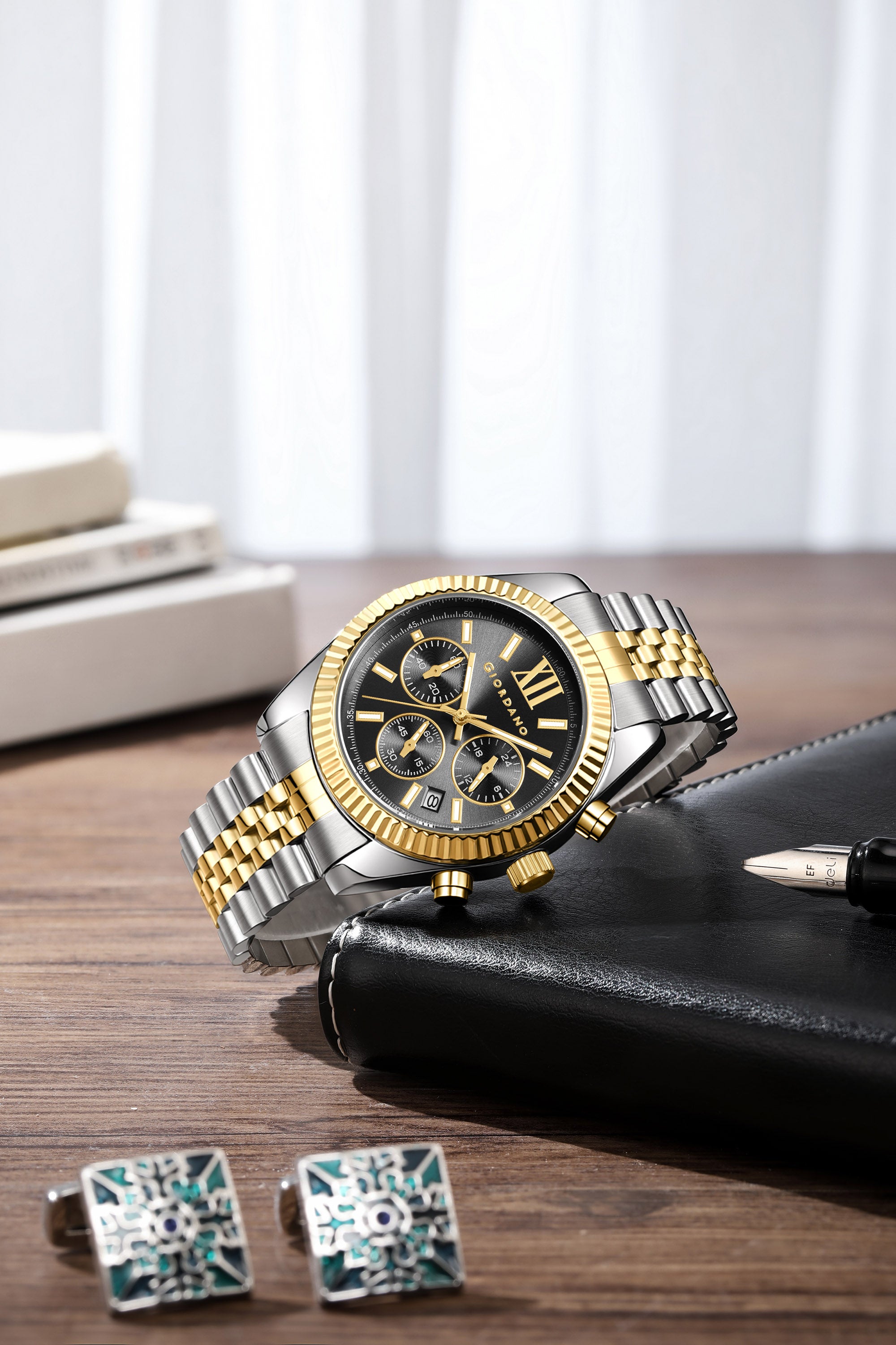 Giordano Chronograph Analog Quartz Watch for Men with Round Black Dial, Roman indices, Date Function, Luminos hands and Markers, Silver and Gold Stainless Steel Strap - GZ-50217-11