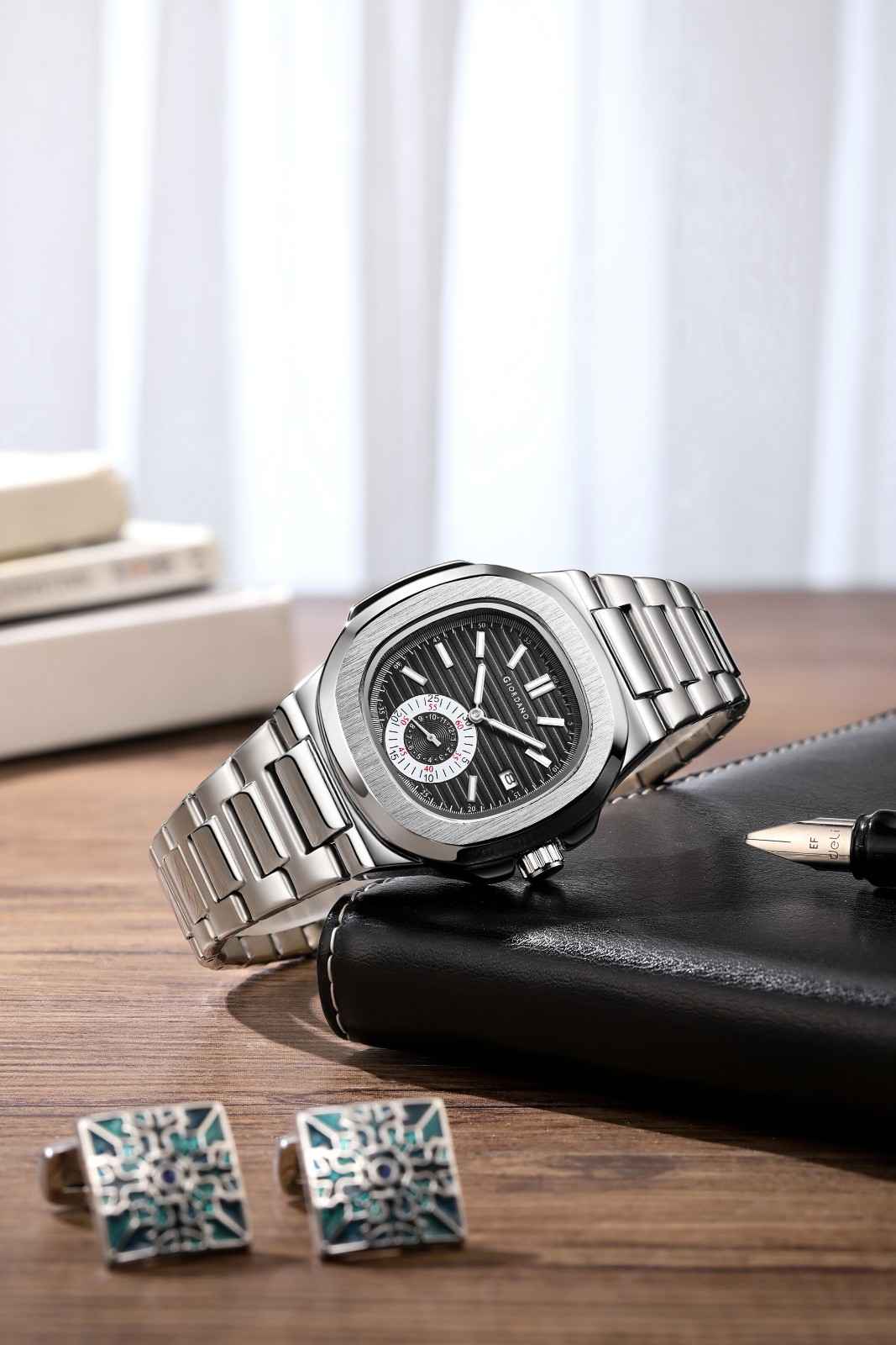 Giordano Analog Multifunction Watch for Men – Textured Dial with Cushion Case, Small Seconds Sub-Dial, Stainless Steel Strap & Date Display GZ-50160-11